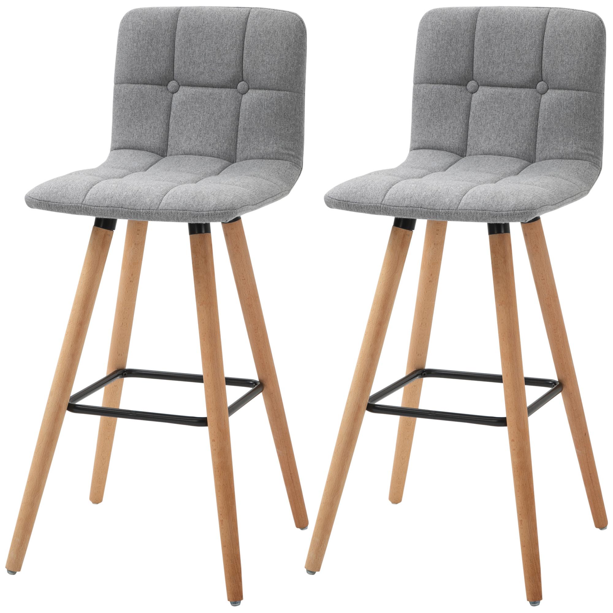 Grey Linen Bar Stools with Wood Legs, Set of 2