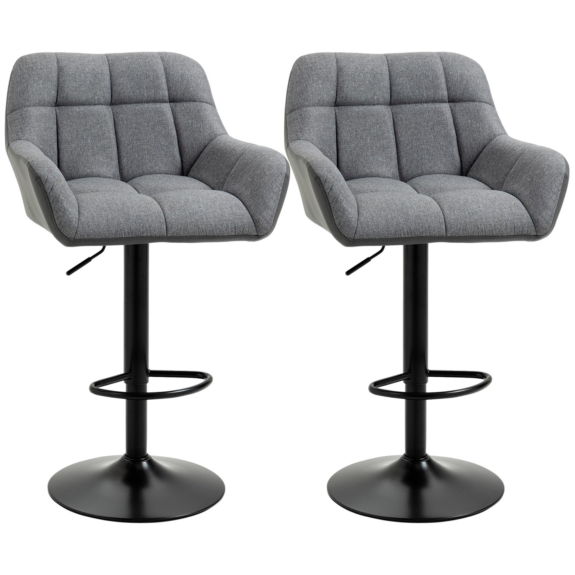 Grey Upholstered Swivel Bar Stools, Adjustable Set of 2