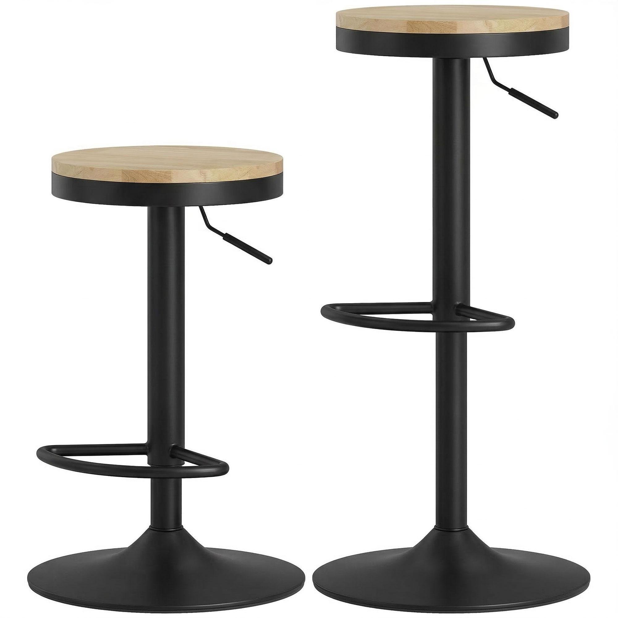 Natural Wood Adjustable Bar Stools, Set of 2, 360° Swivel