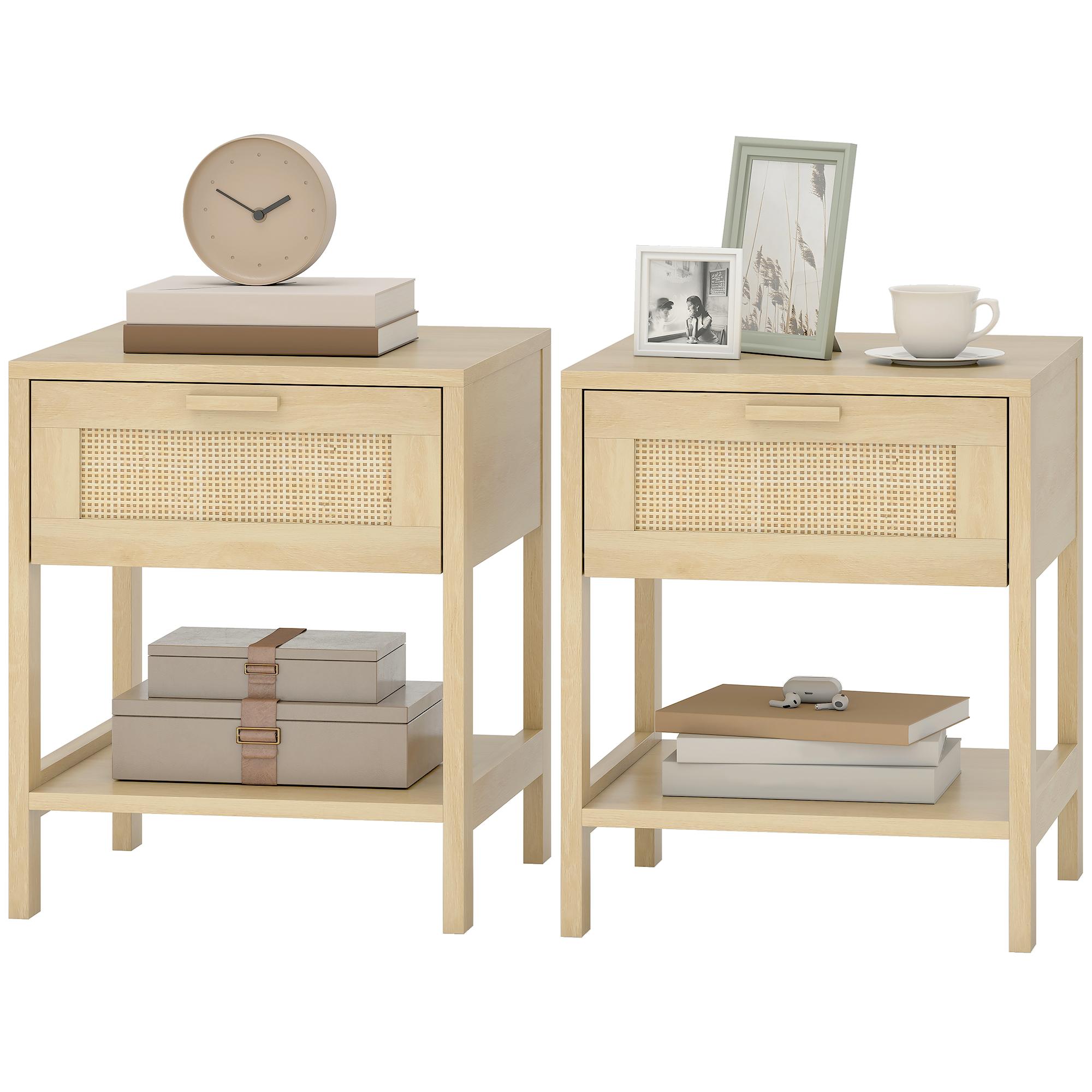 Natural Wood Rattan Nightstands with Drawer and Shelf for Bedroom