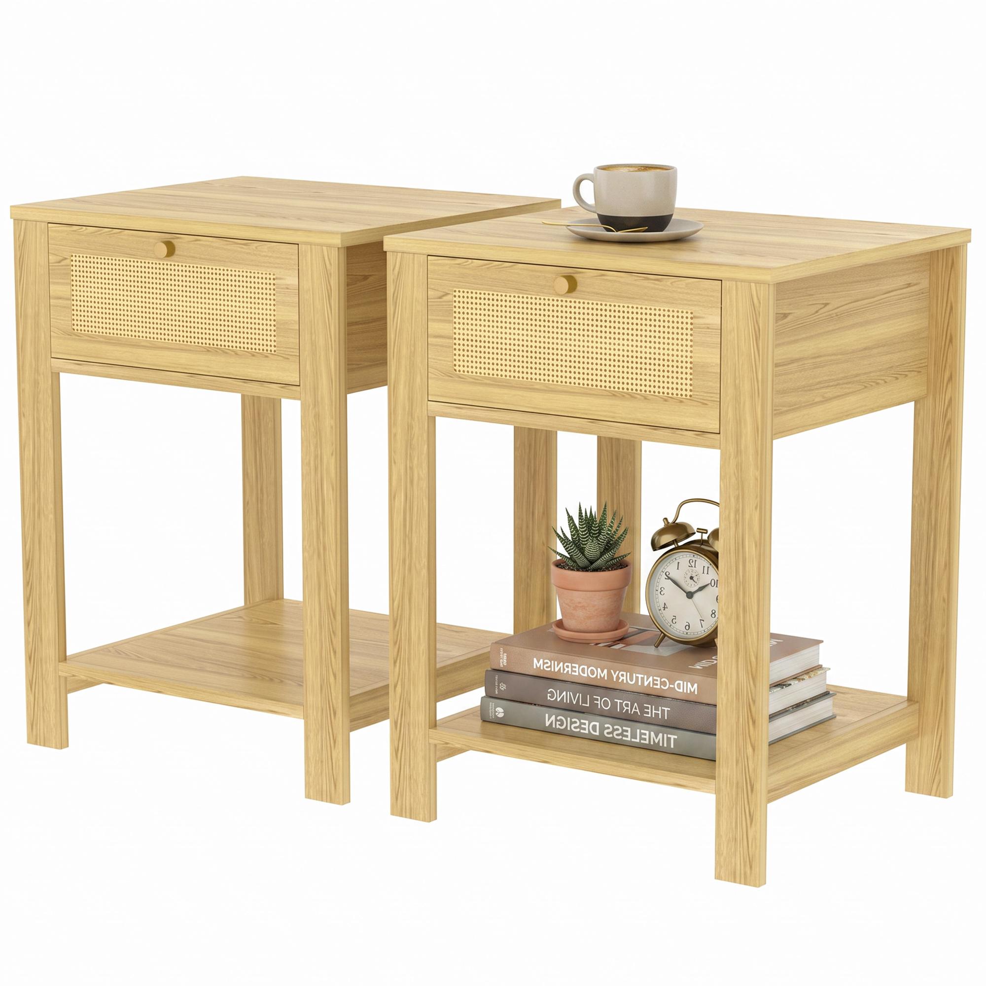 Natural Wood Rattan-Like Side Tables Set of 2