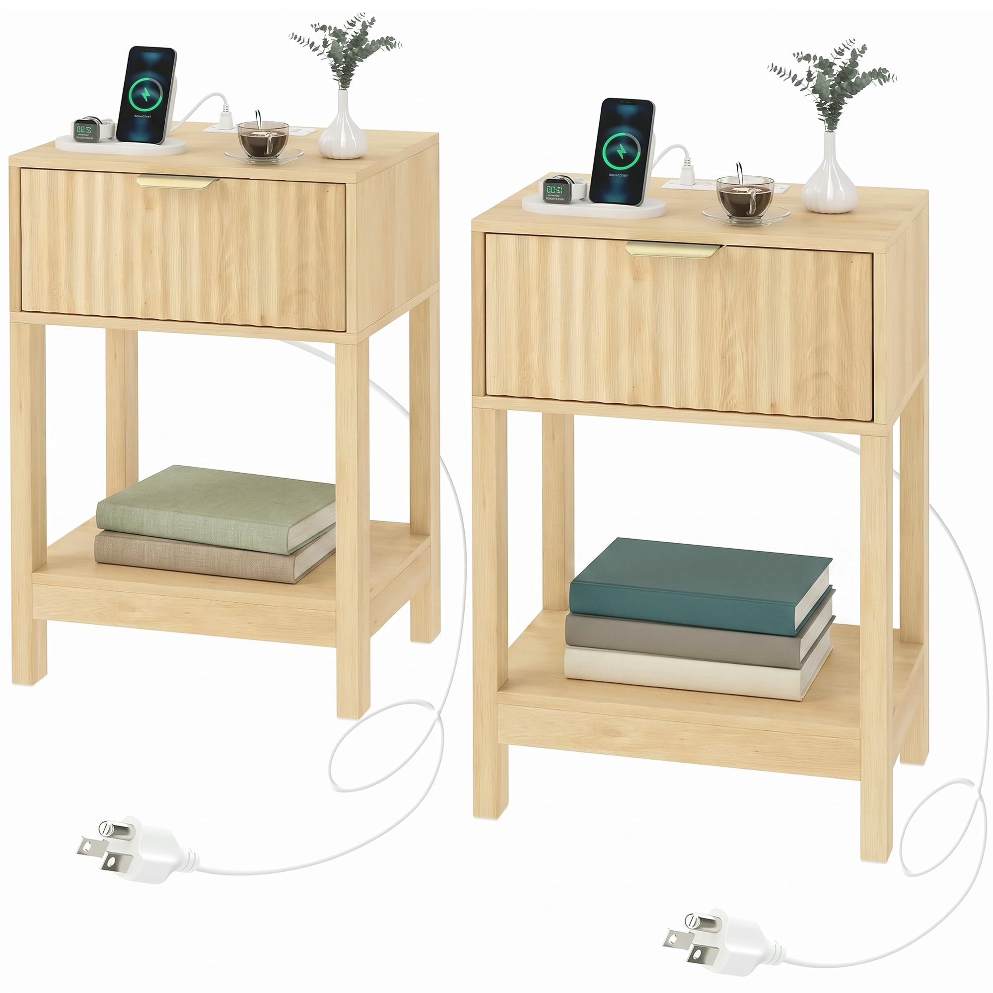 Oak Wave Panel Nightstands with Charging, Set of 2