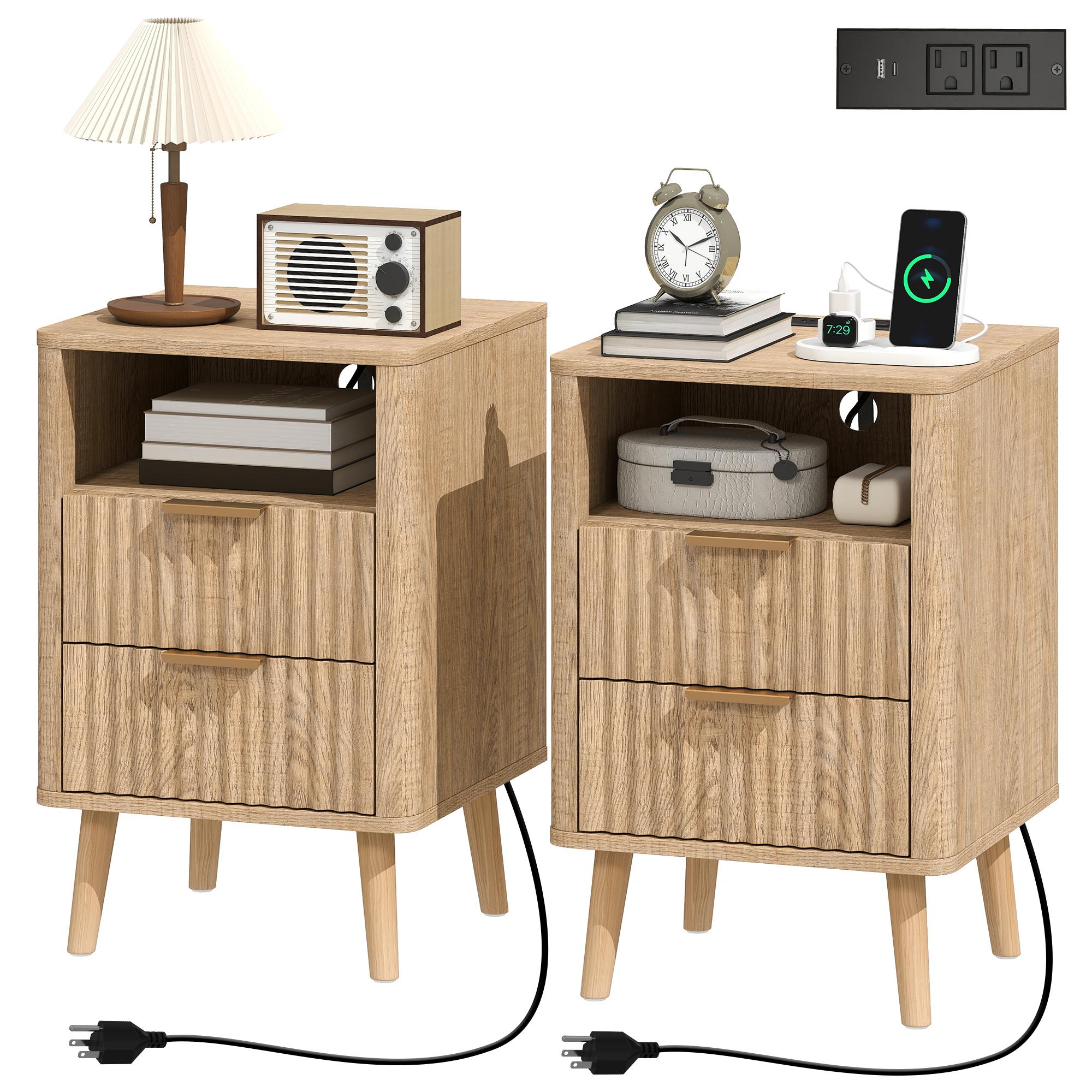 Oak Charging Bedside Tables with Two Drawers, Set of 2