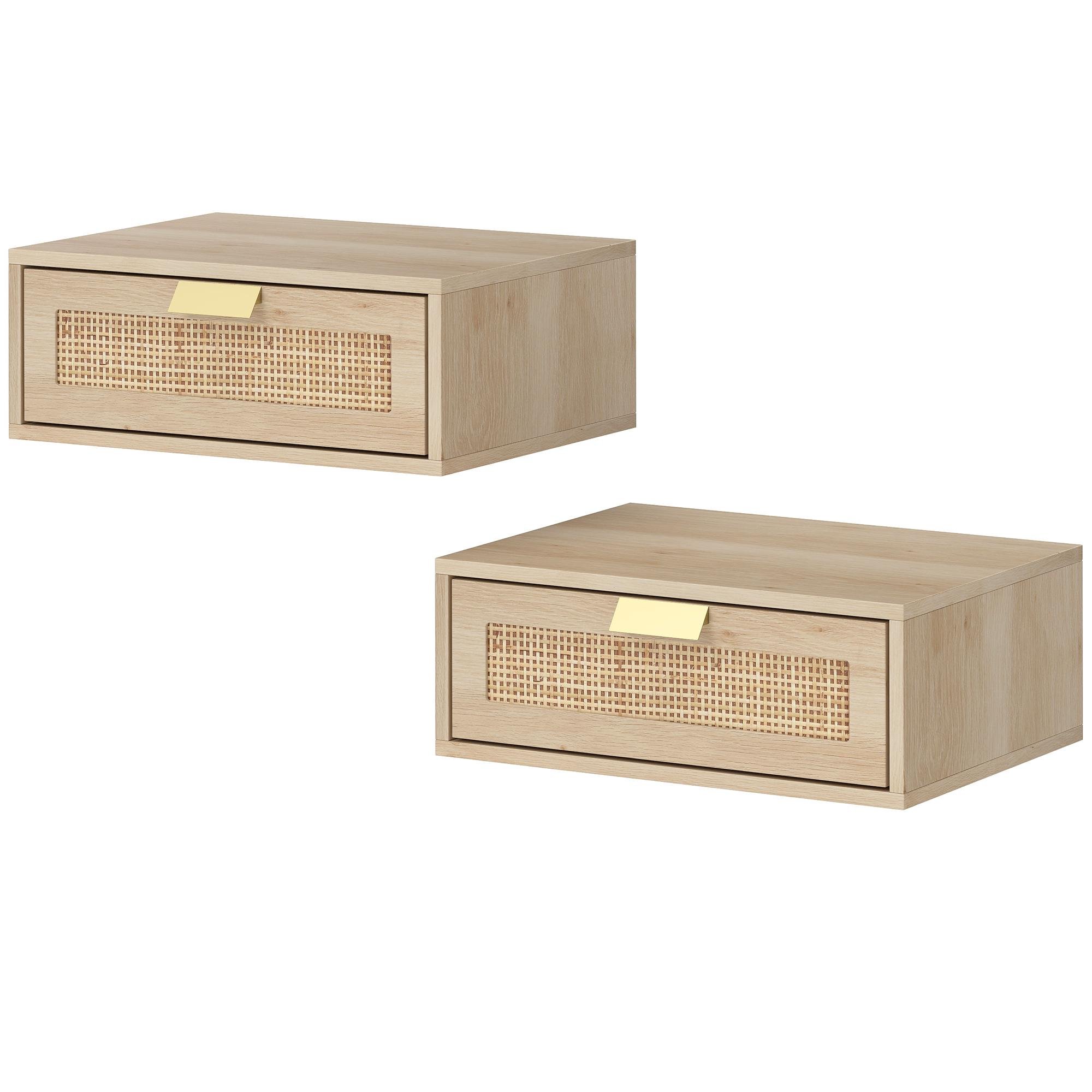 Oak Rattan Wall Nightstands with Drawers, Set of 2