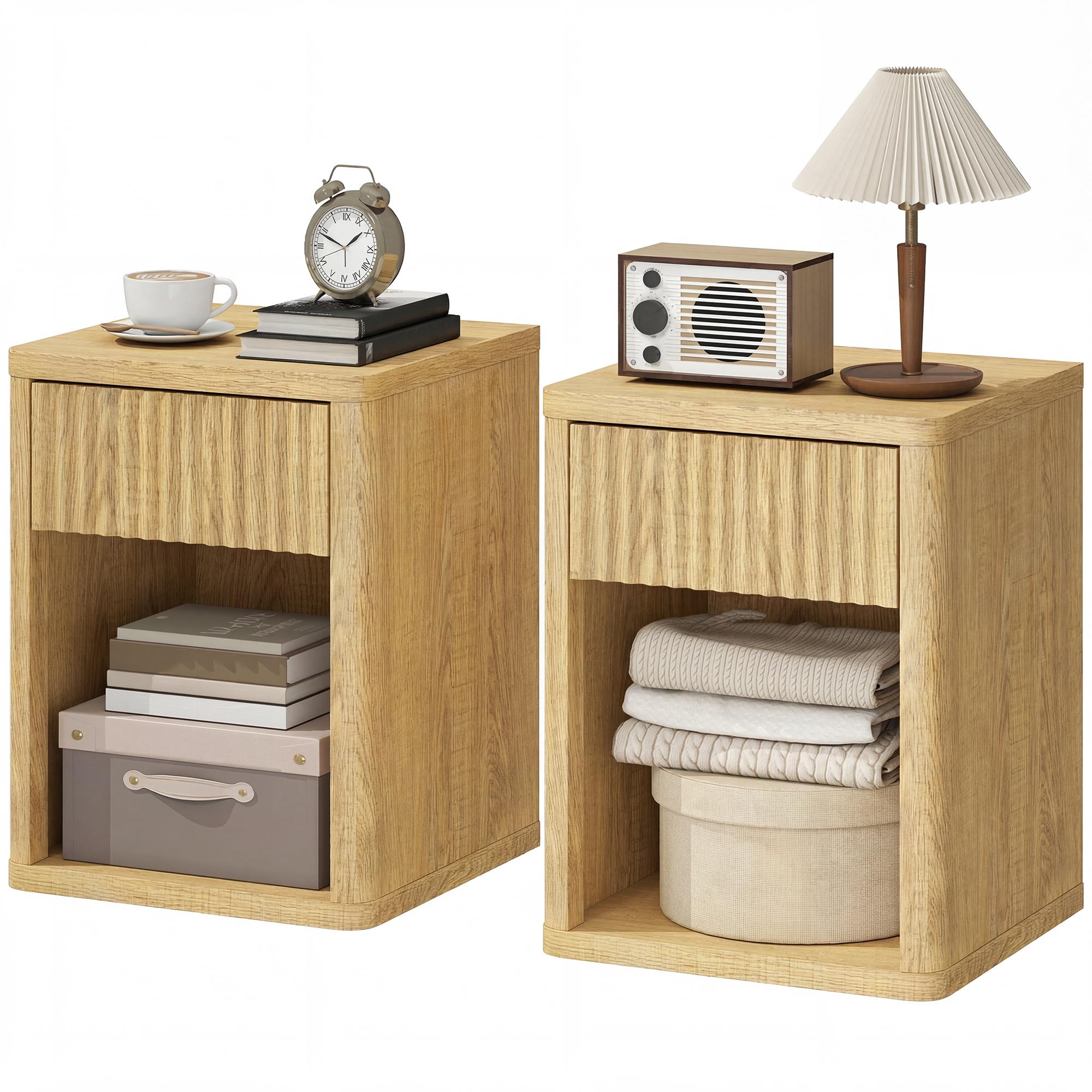 Oak Fluted Drawer Nightstands, Set of 2 with Open Shelf