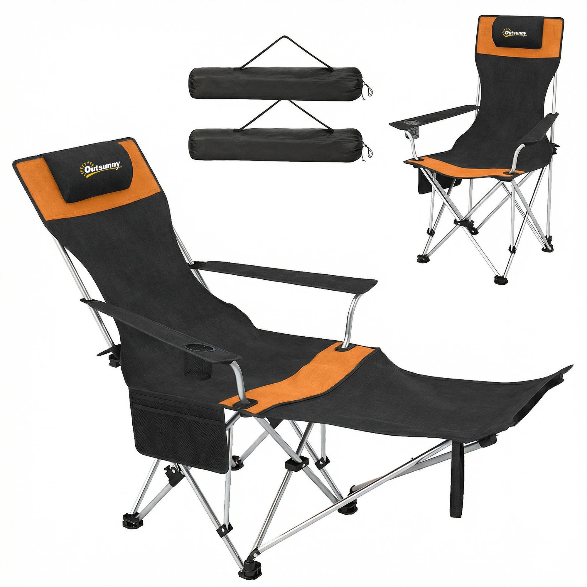 Orange Reclining Camping Chairs with Footrests, Set of 2