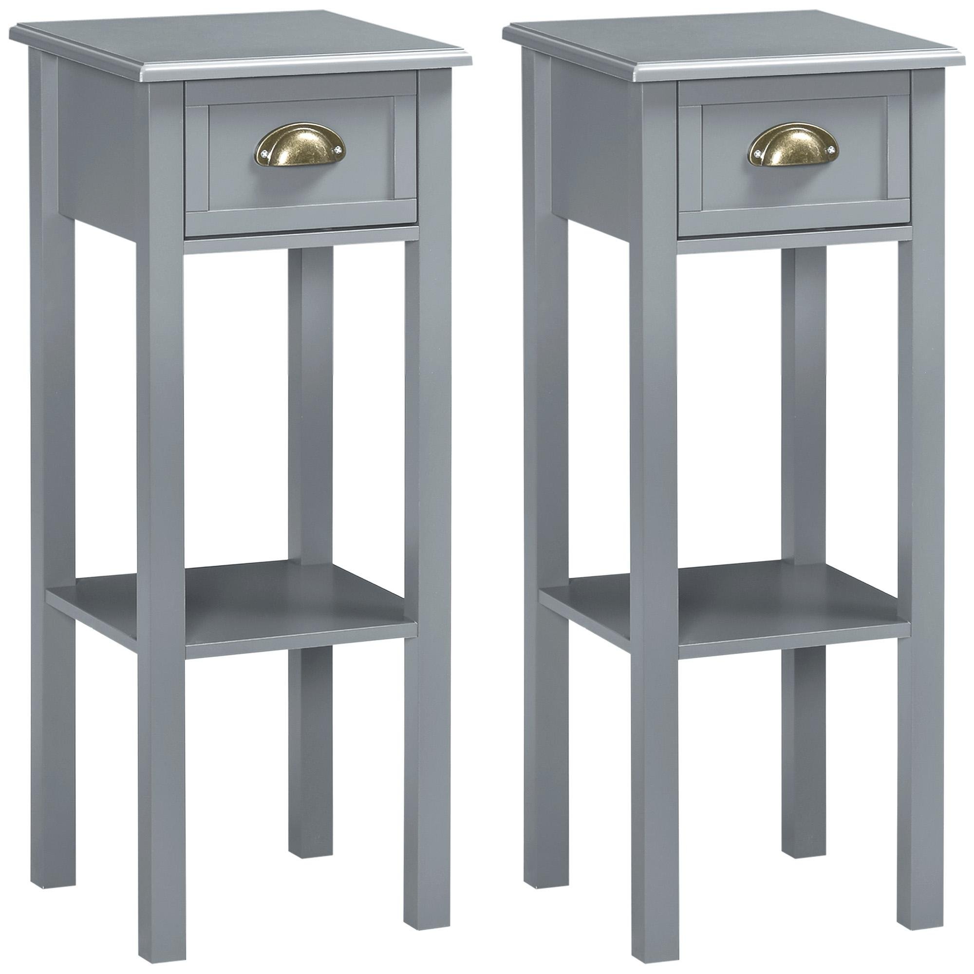 Grey Narrow Drawer Side Tables, Set of 2 with Shelf