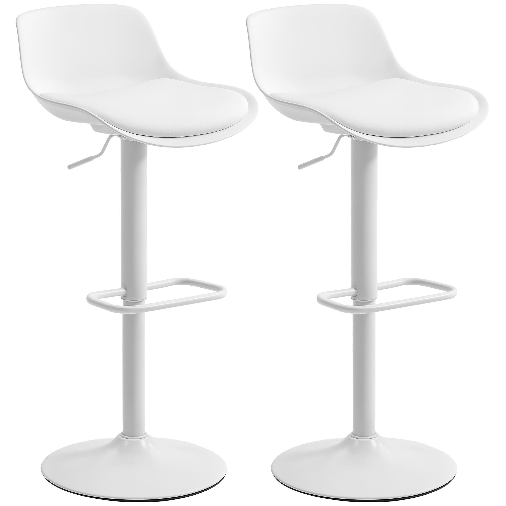 White Adjustable Swivel Bar Stools with PU Leather Seats, Set of 2