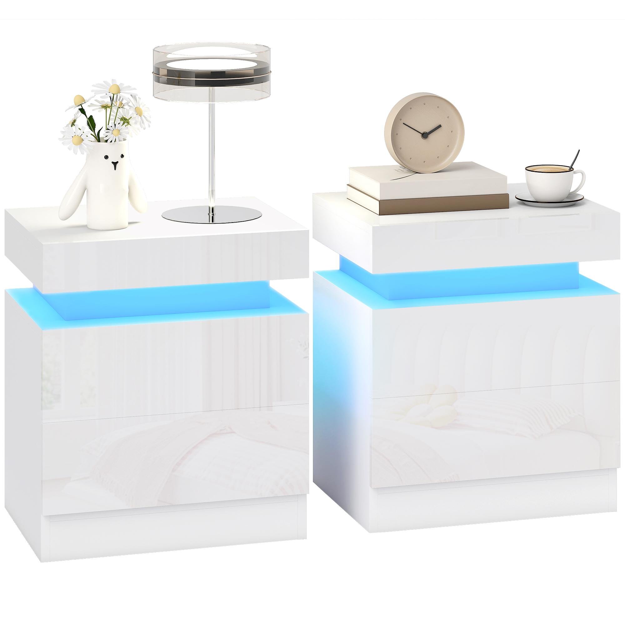 White Bluetooth Bedside Table Set, 2 Drawers