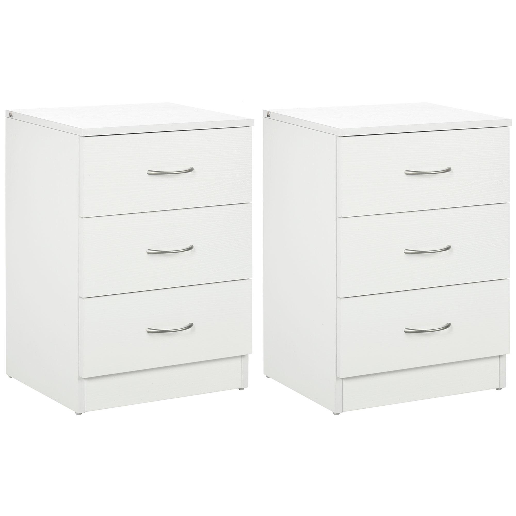 White Three Drawer Side Table Set of 2 with Storage