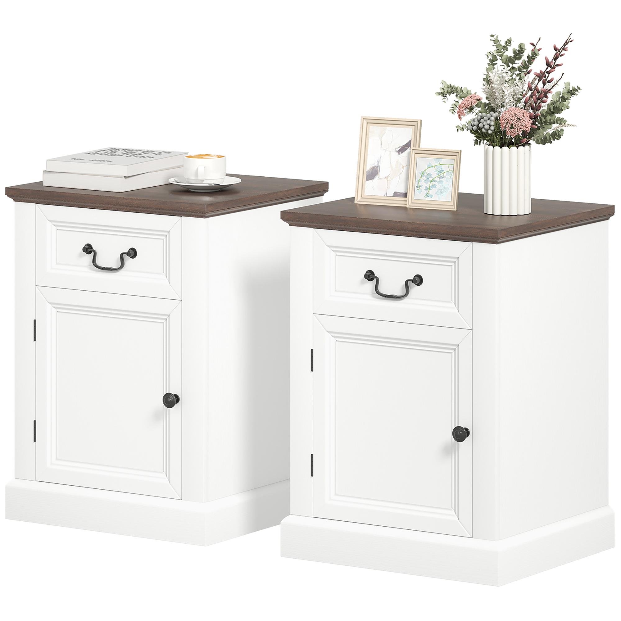 White farmhouse side tables with drawer and cabinet