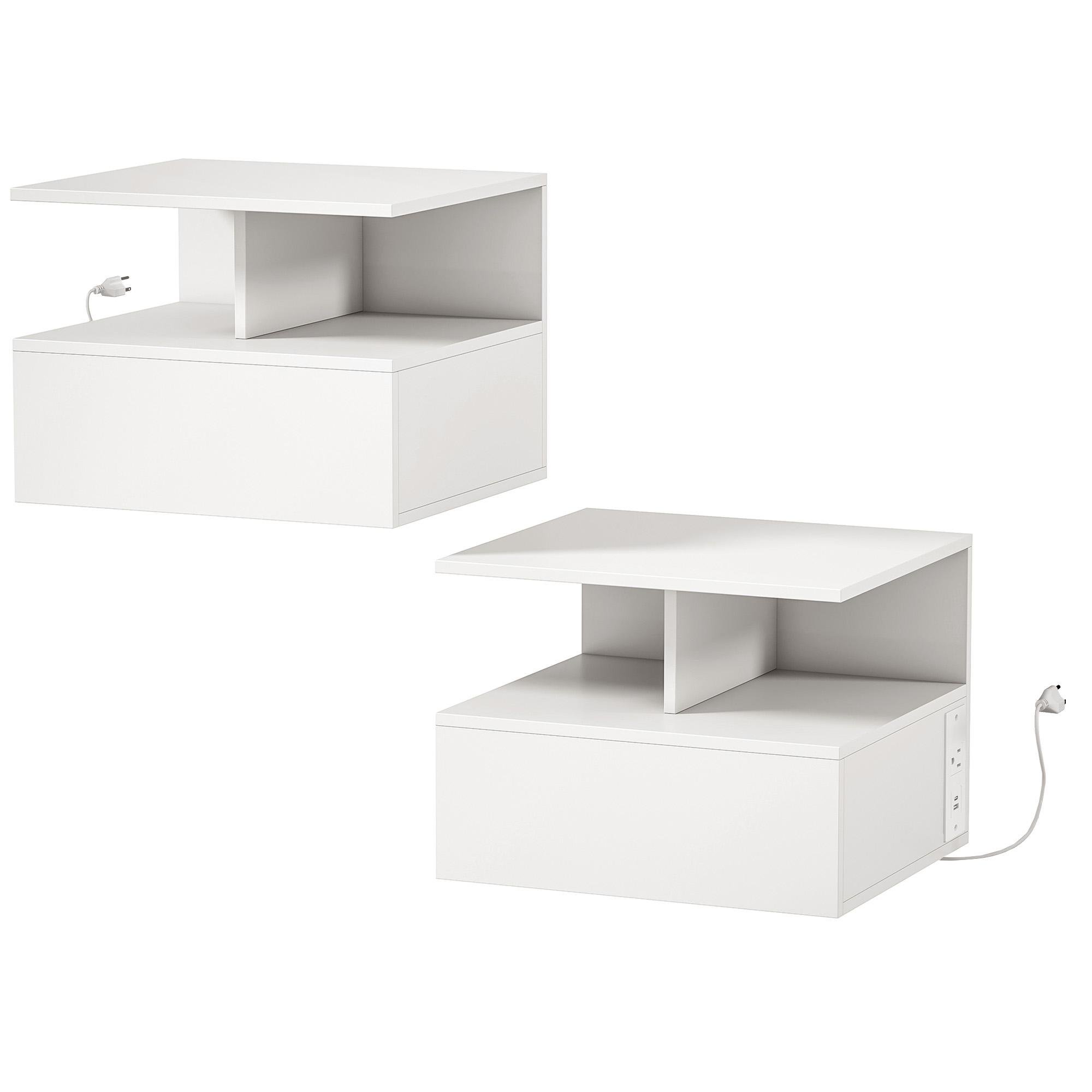 White Floating Charging Nightstands with Drawer and Shelf