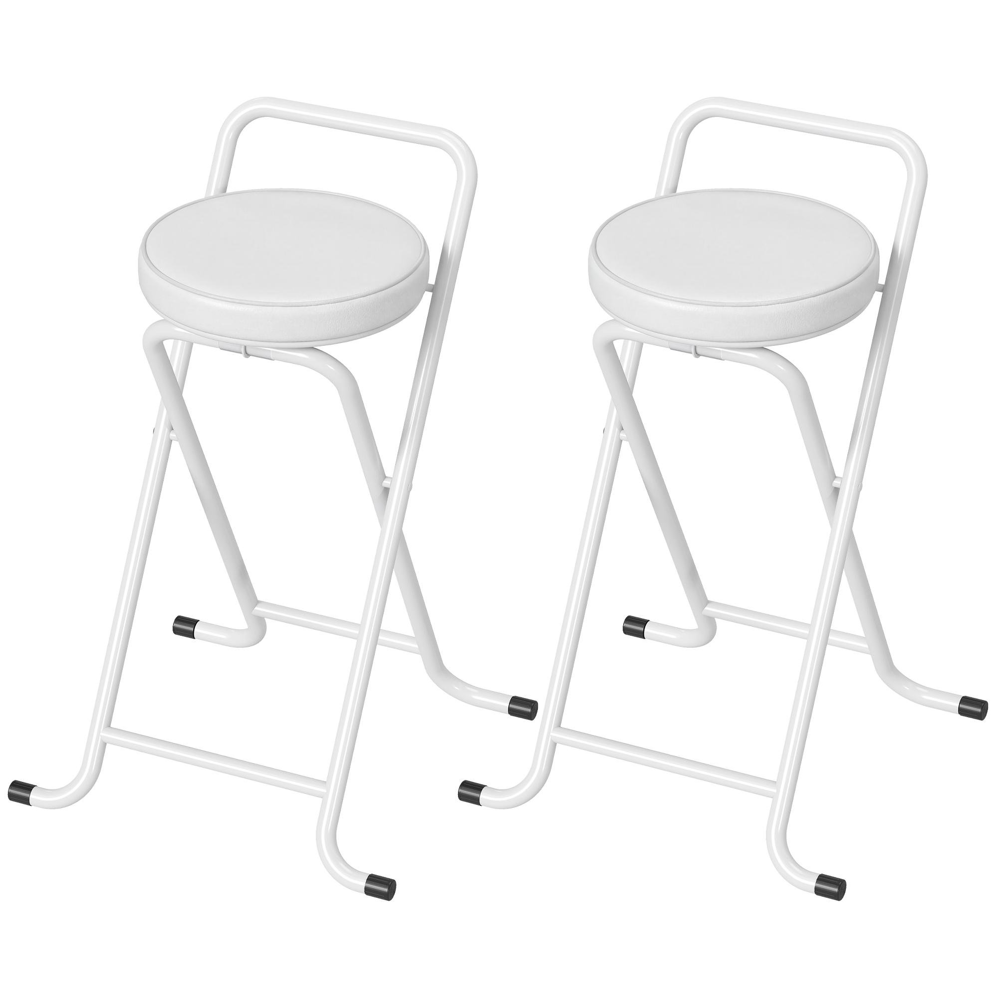 White Folding Bar Stools with PU Seat, Set of 2