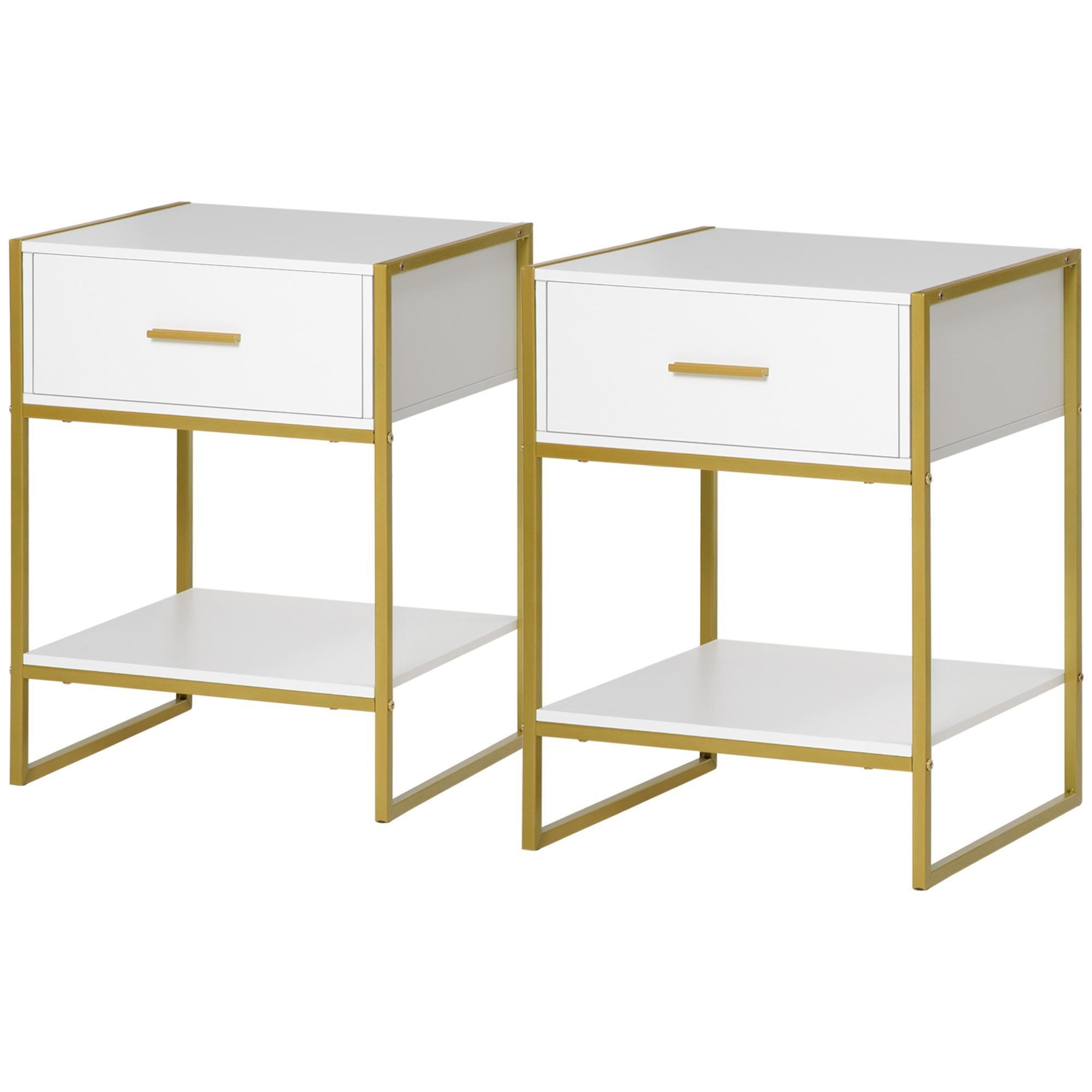 White Gold Drawer Shelf Nightstands, Set of 2