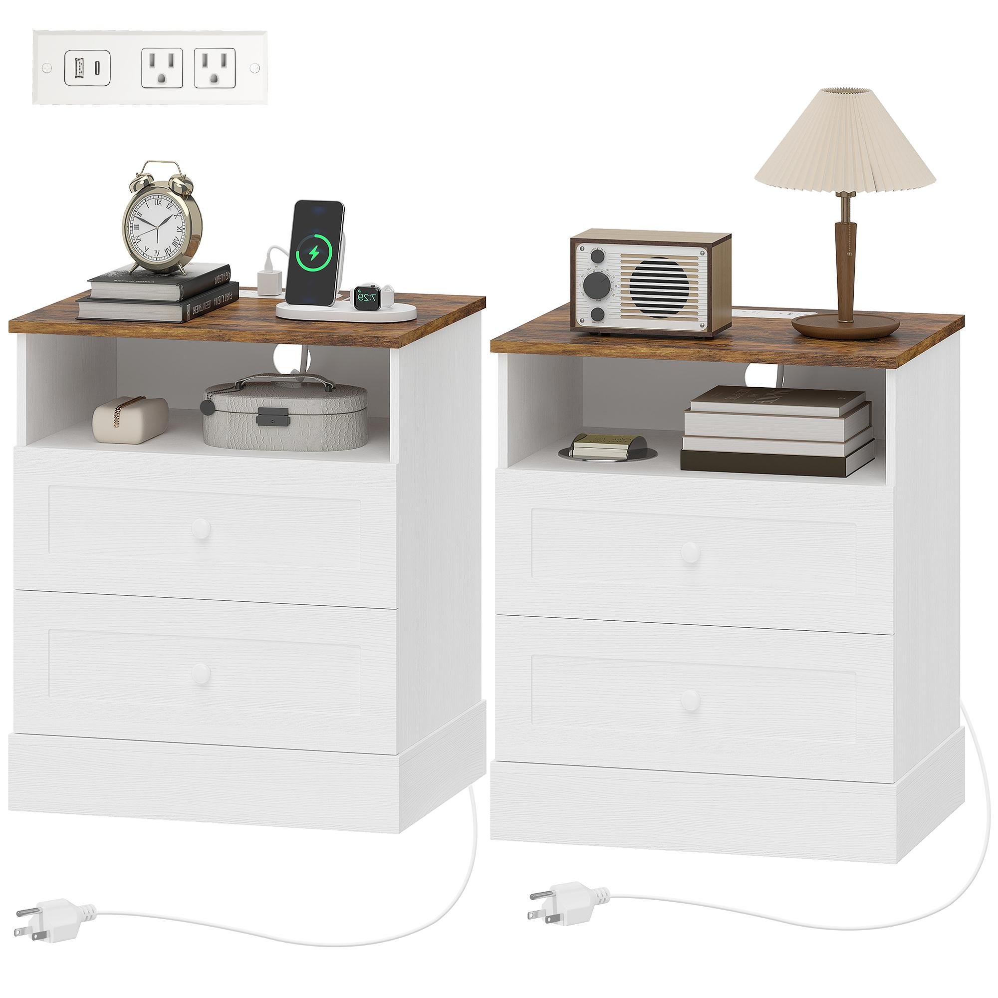 White Oak Charging Nightstands with Two Drawers, Set of 2
