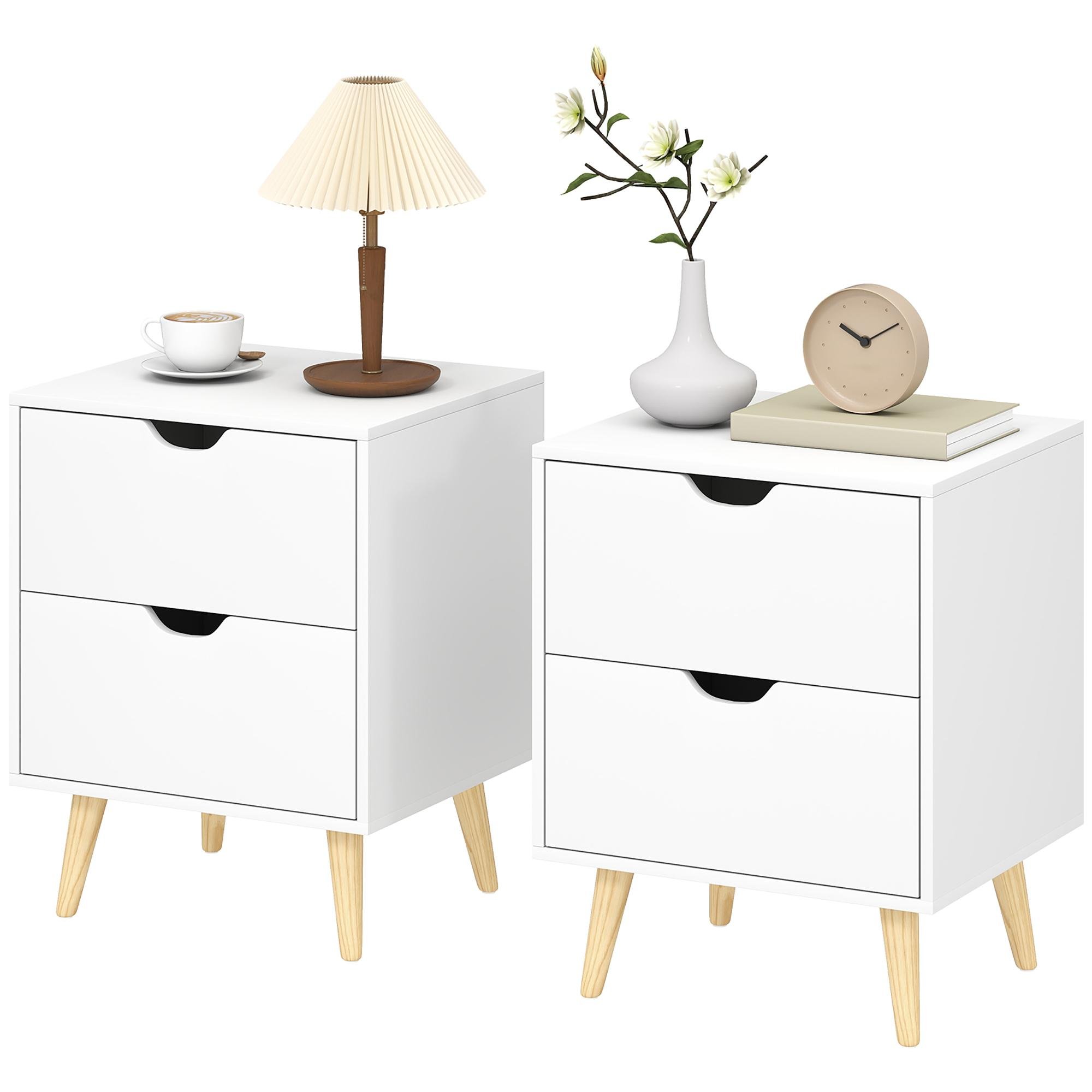 White Pine Leg Nightstand Pair with Two Drawers, 15.7 in