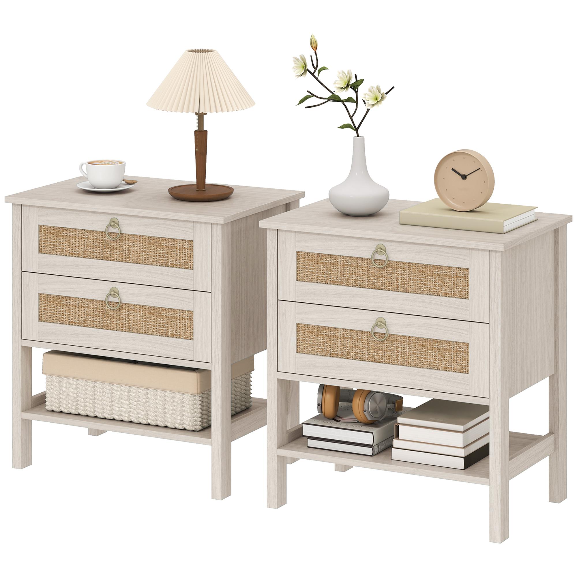 White Oak Rattan Nightstands with Two Drawers, Set of 2