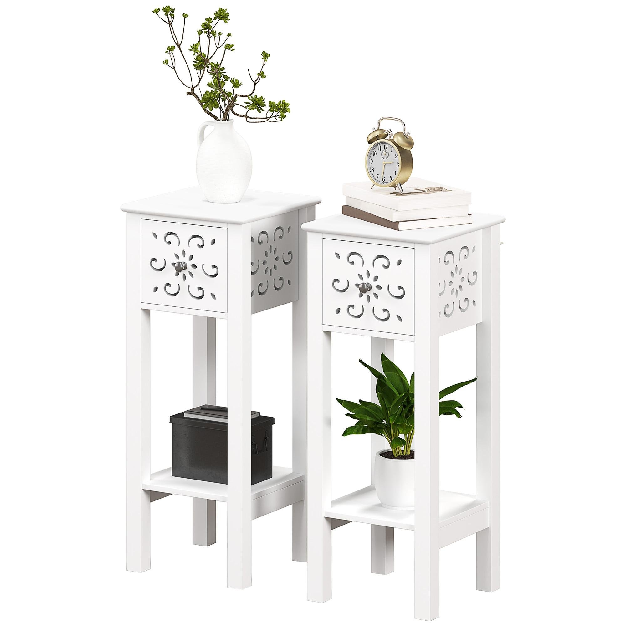 White flower drawer side tables with open shelf, set of 2