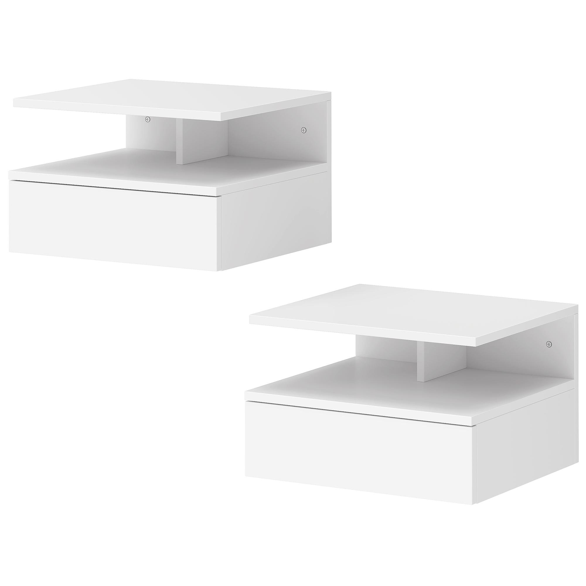 White Floating Nightstand Pair with Drawer and Shelf