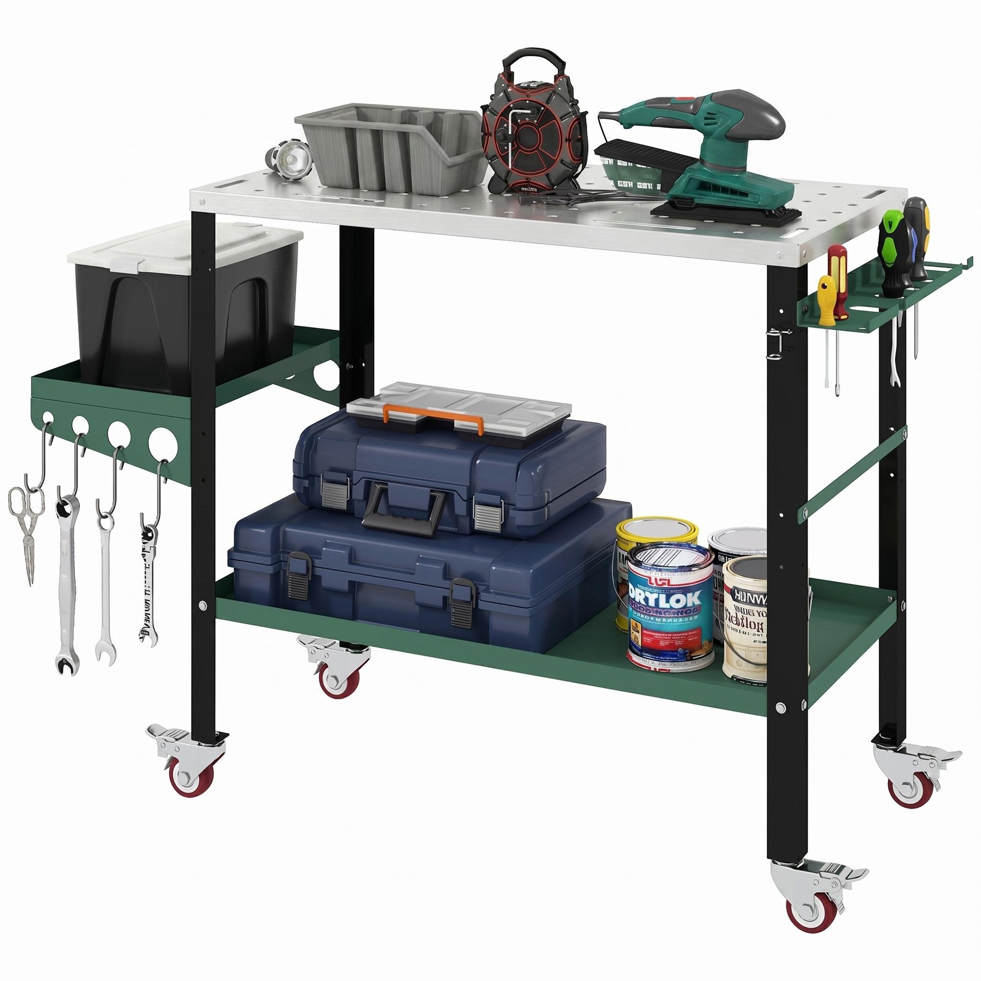 Silver Green Welding Table with Two-Tier Storage