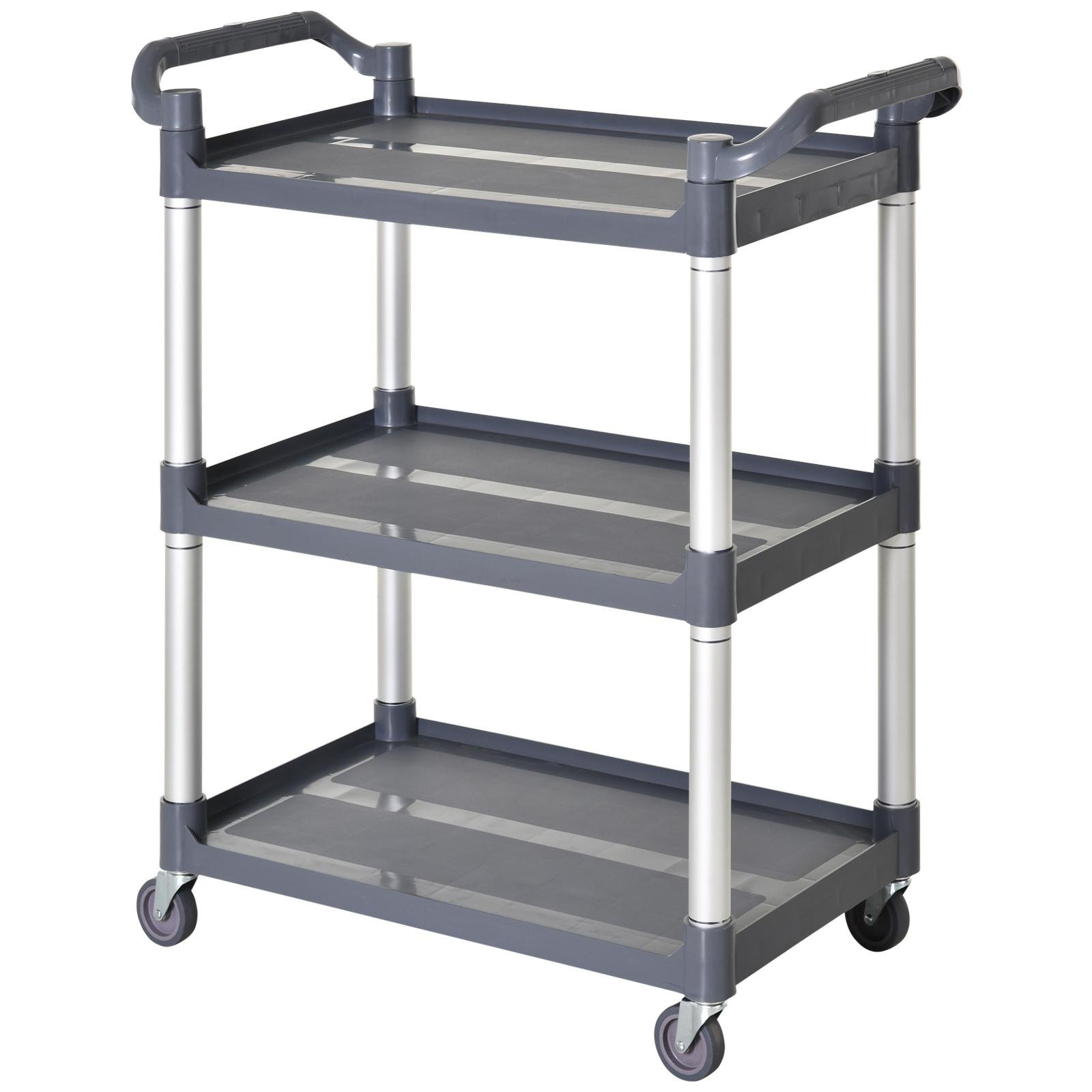 Silver Three Shelf Service Cart with Rolling Storage