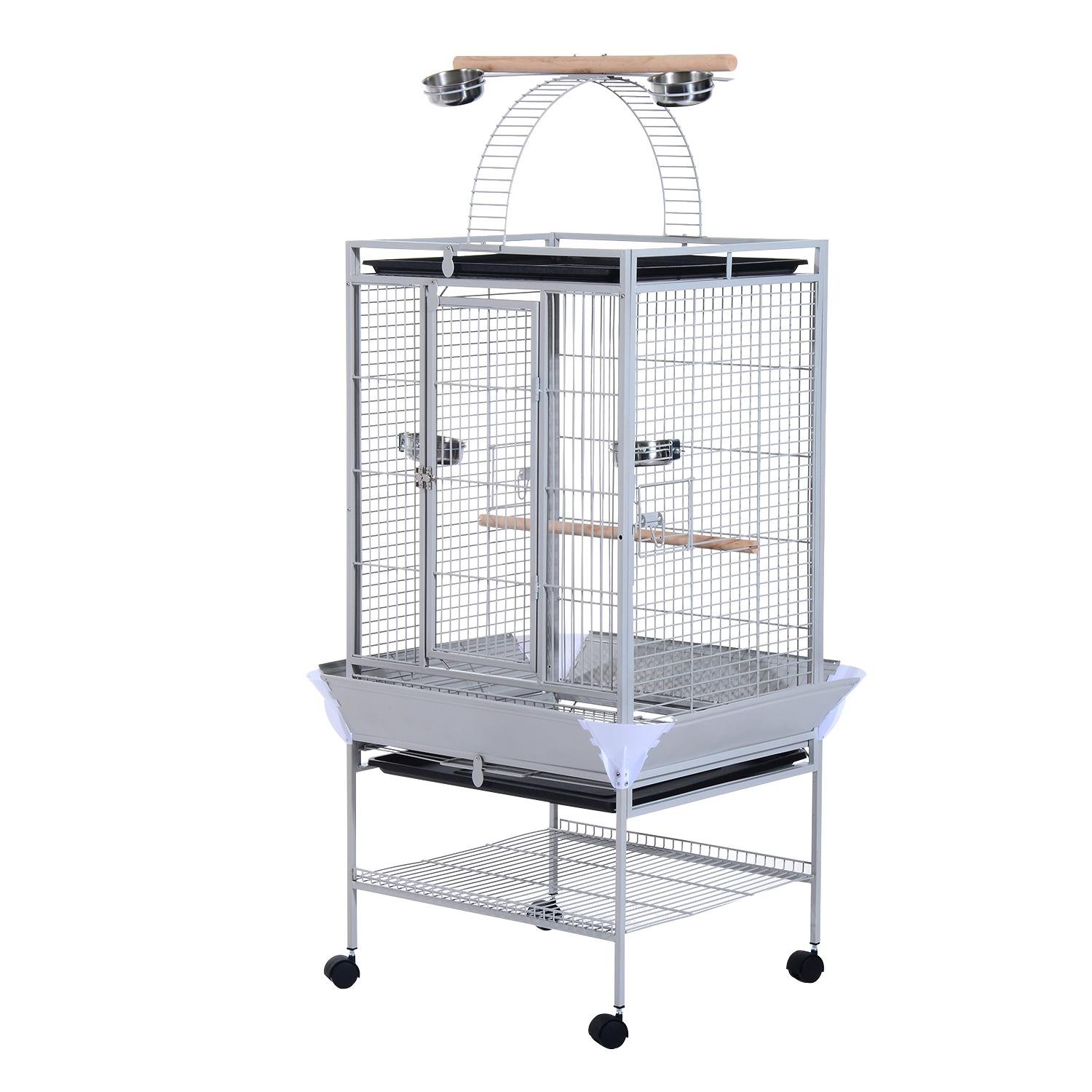Silver Steel Bird Cage with Play Top and Wheels