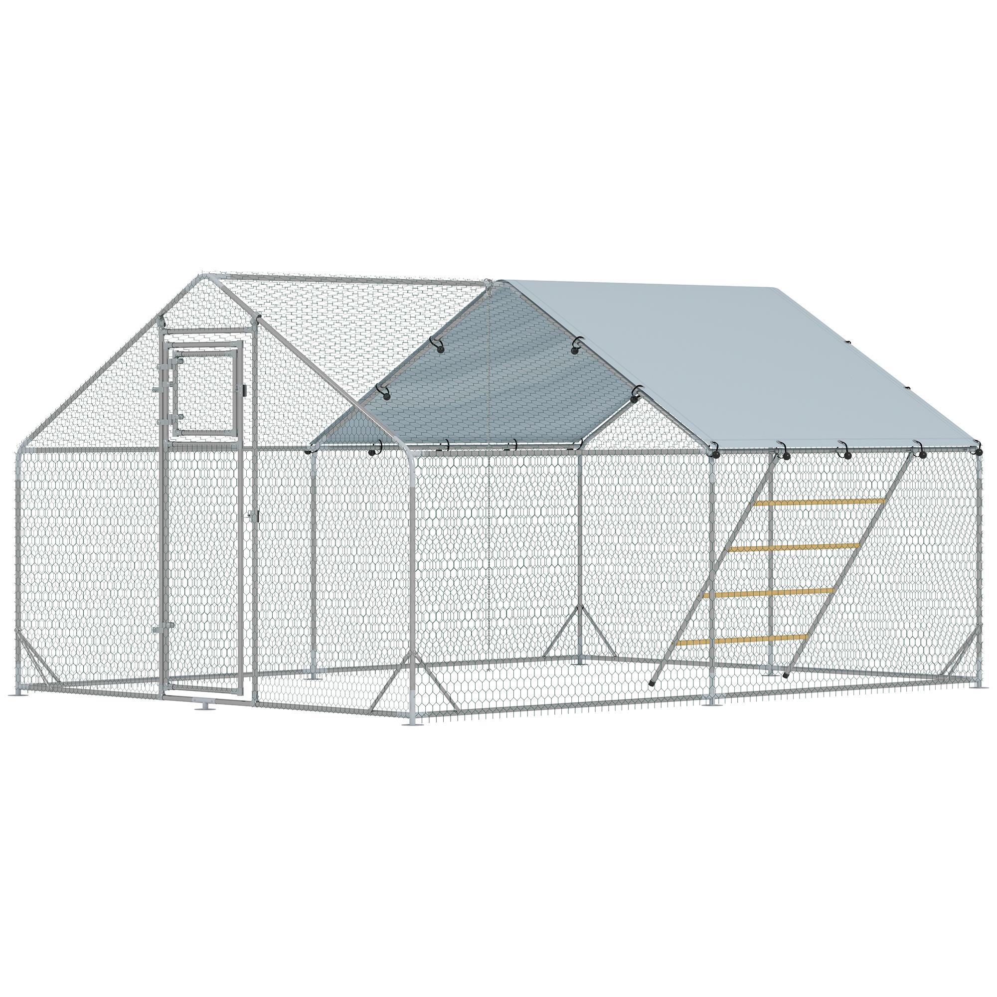 Silver Covered Poultry Enclosure with Feeding Door
