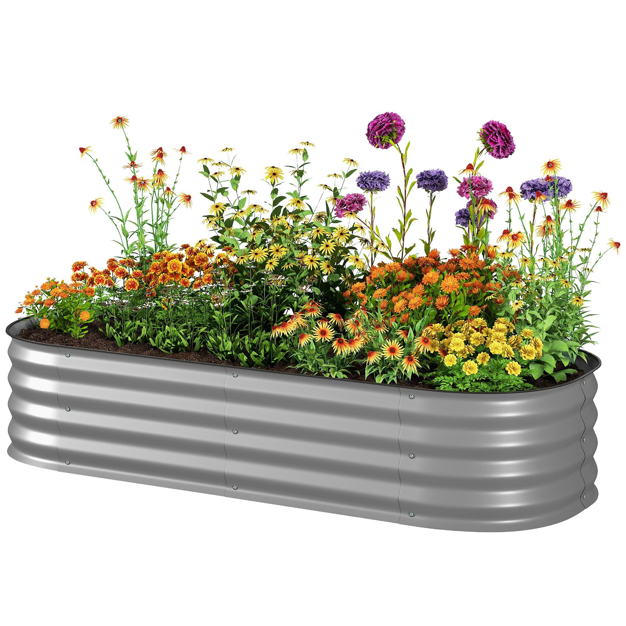 Silver steel garden planter with plant stake