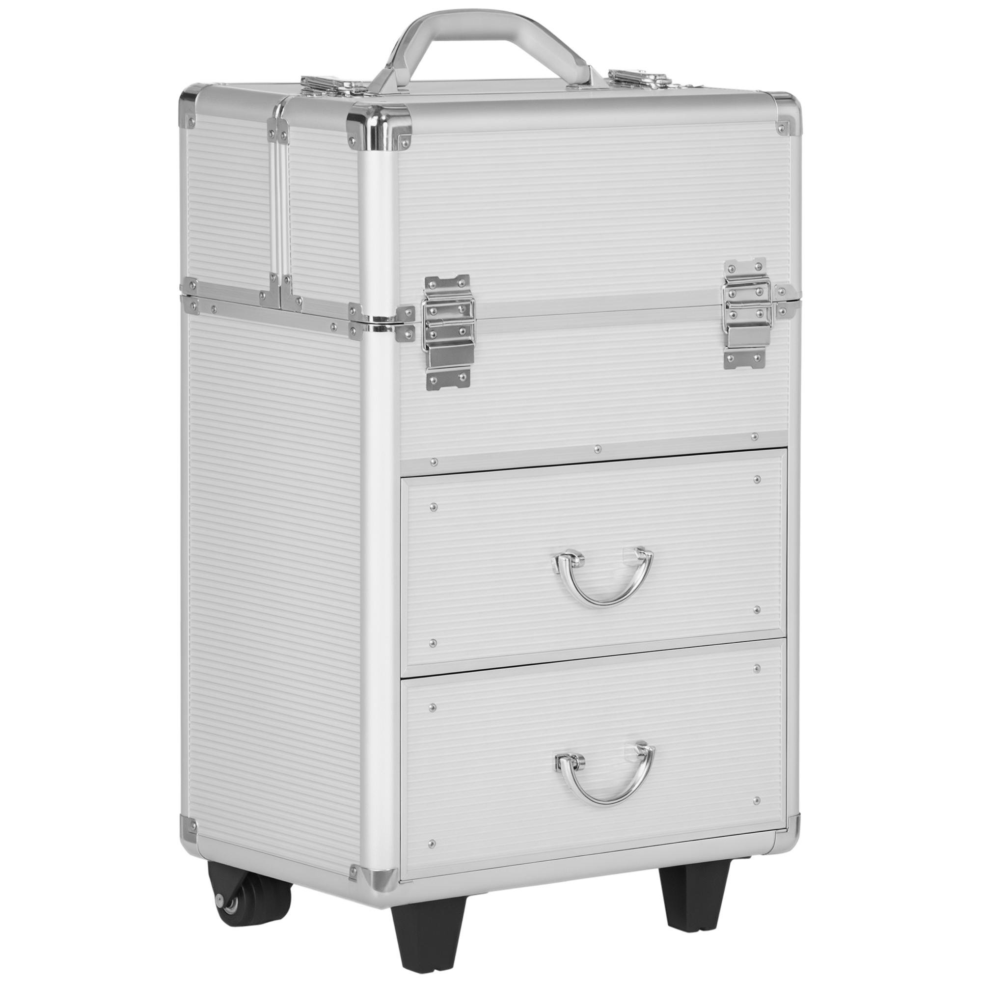 Silver Rolling Makeup Case with Folding Trays, 36 cm