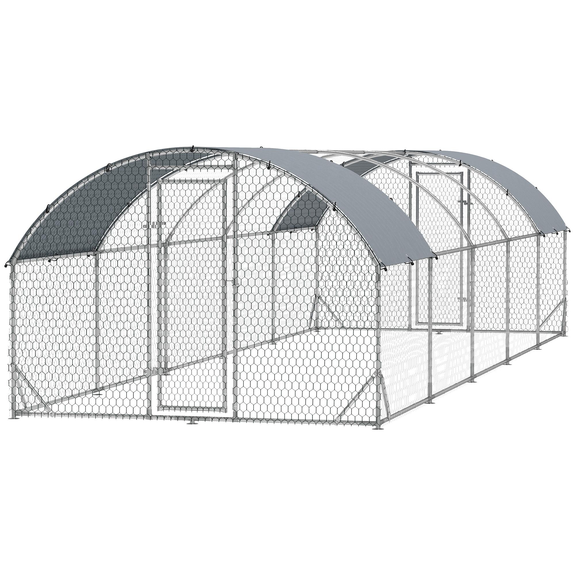 Silver walk-in chicken run with covered roof for backyard poultry