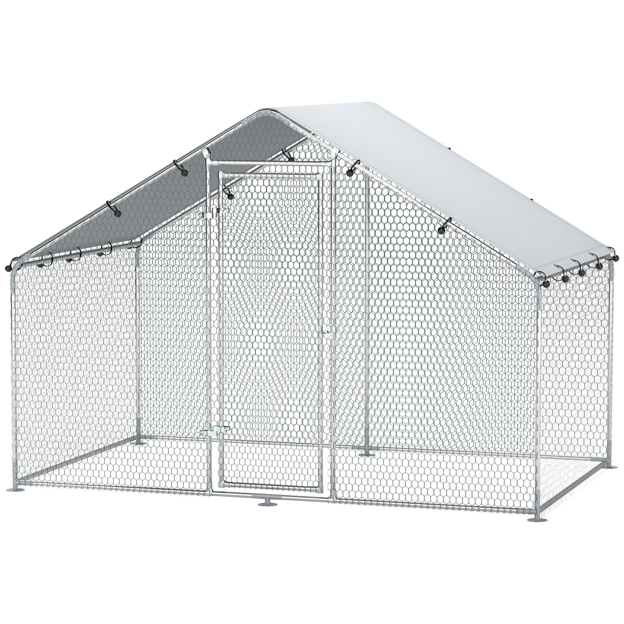 Silver Metal Chicken Run with Cover, 9.8 x 5.6 FT