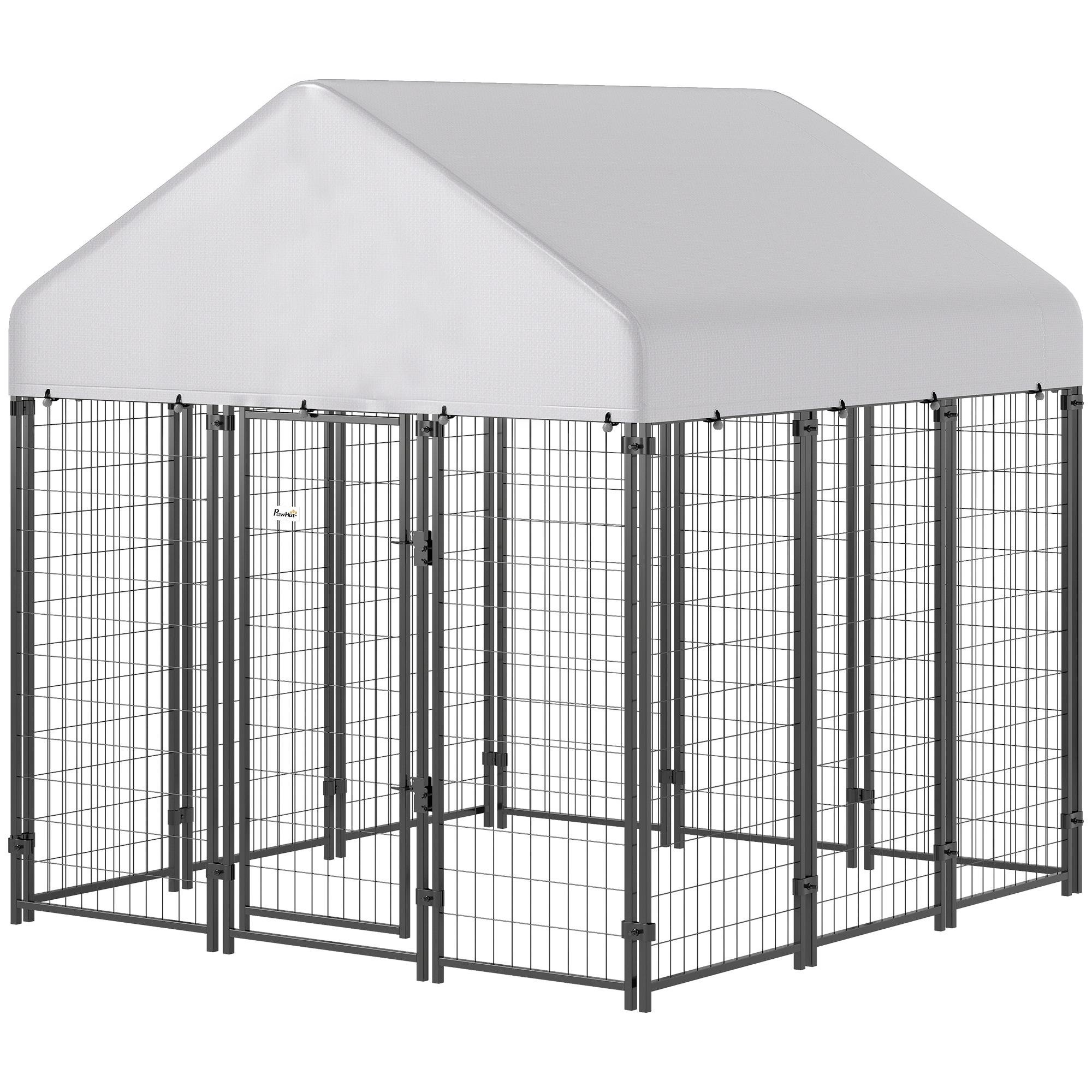 Silver 35.5 sq ft kennel with waterproof UV-resistant cover