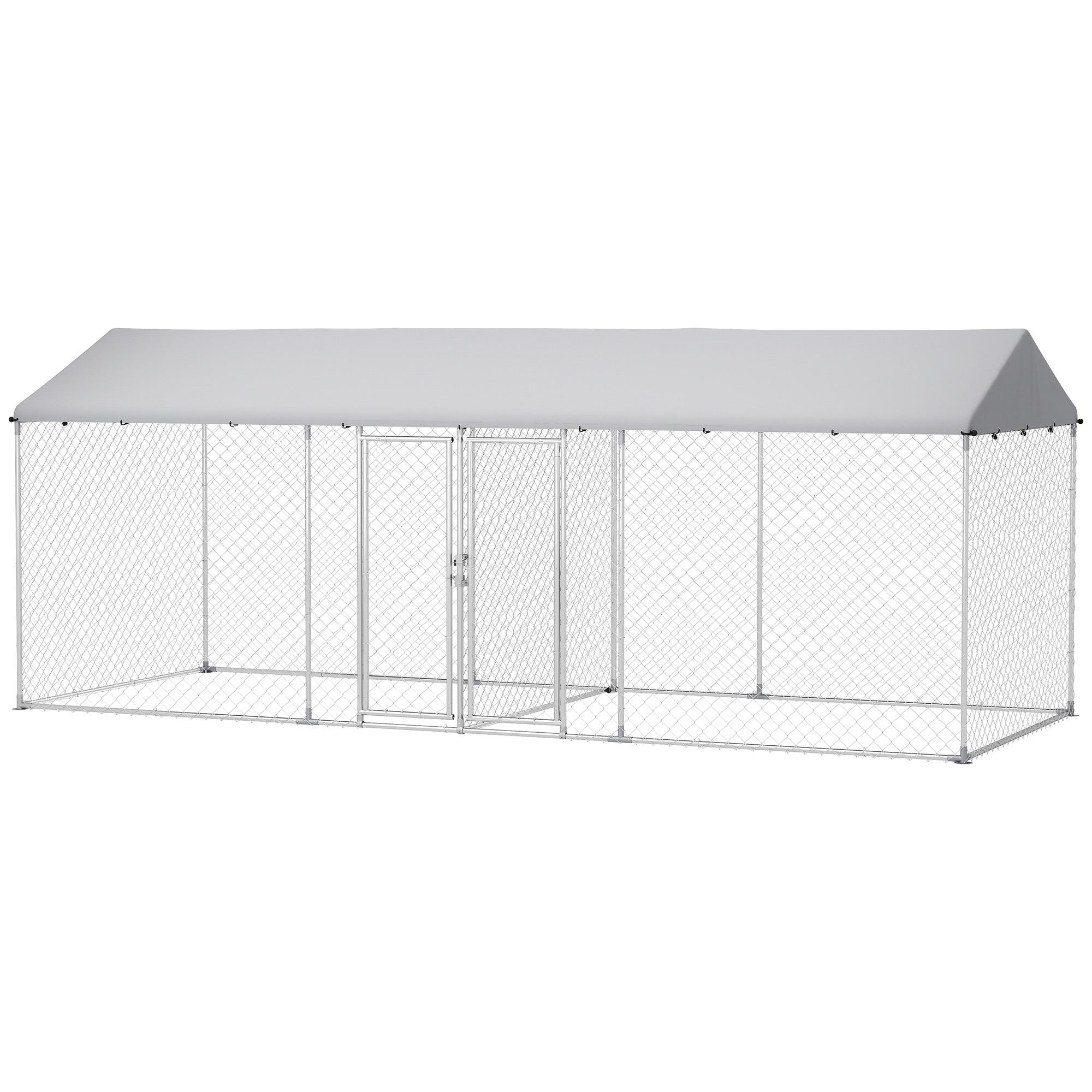 Silver Two Room Dog Kennel with Waterproof Cover