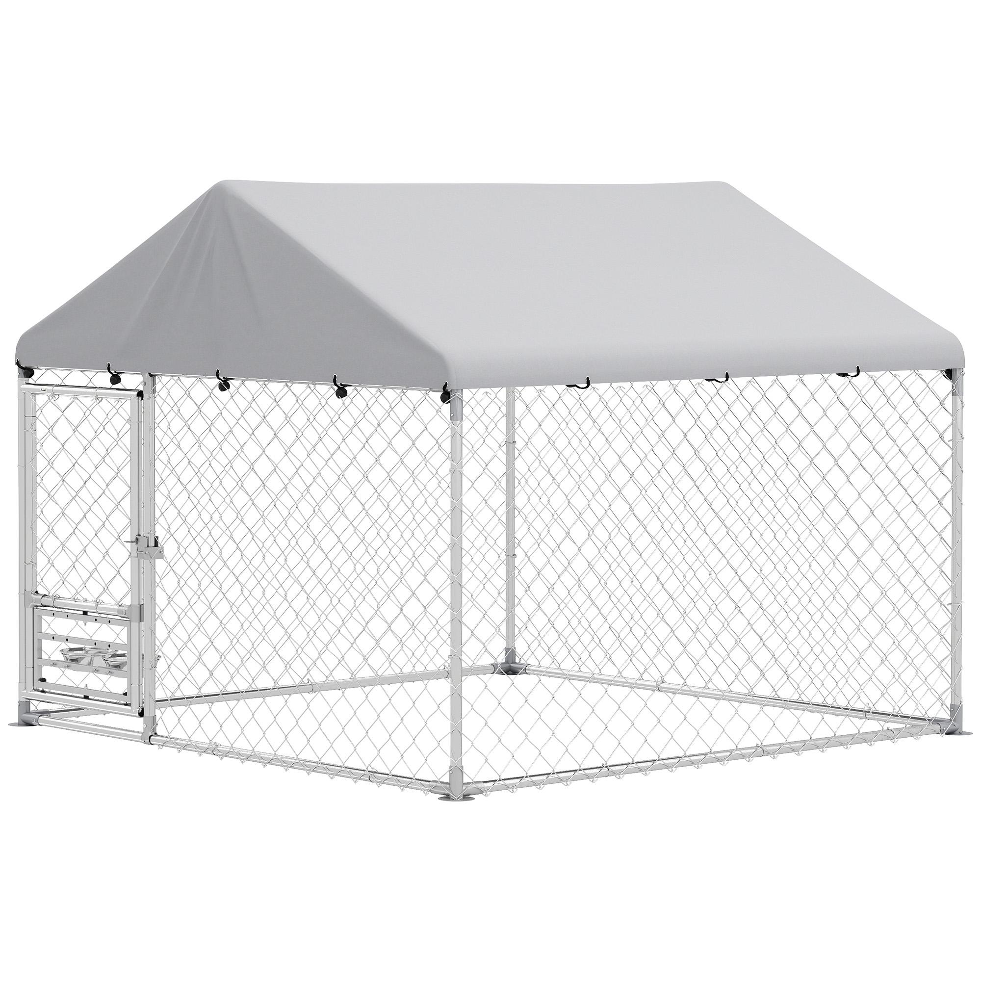 Silver 6.6 ft dog kennel with adjustable bowls, cover