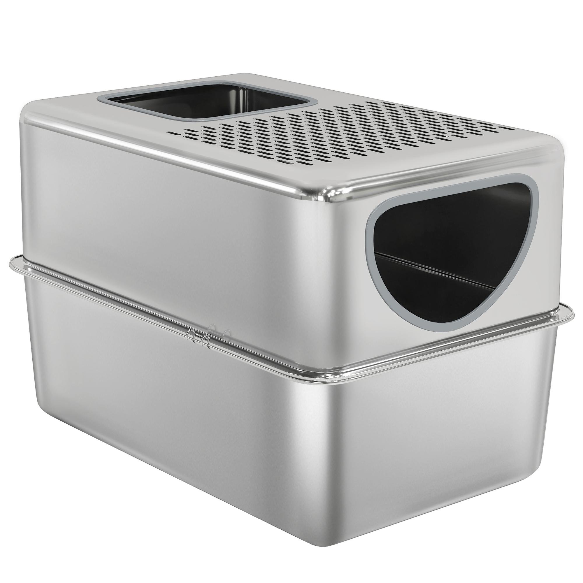 Silver stainless cat enclosure with litter-catching lid