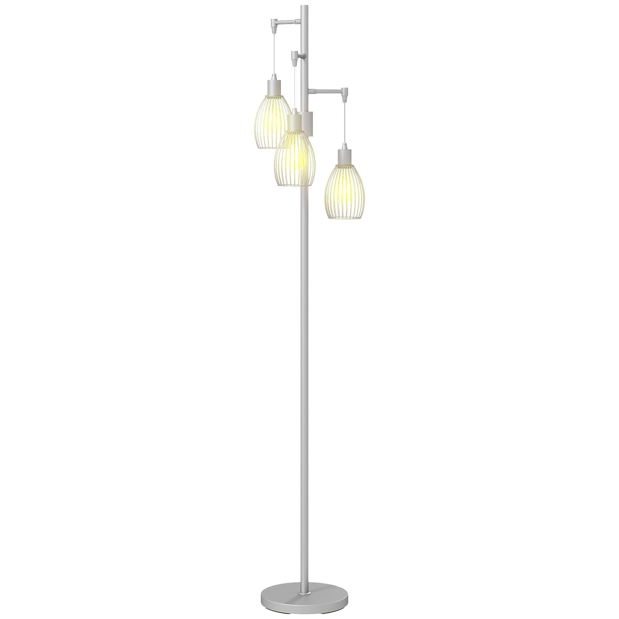 Silver Steel Cage Floor Lamp, Dimmable 3-Light Design for Living Rooms