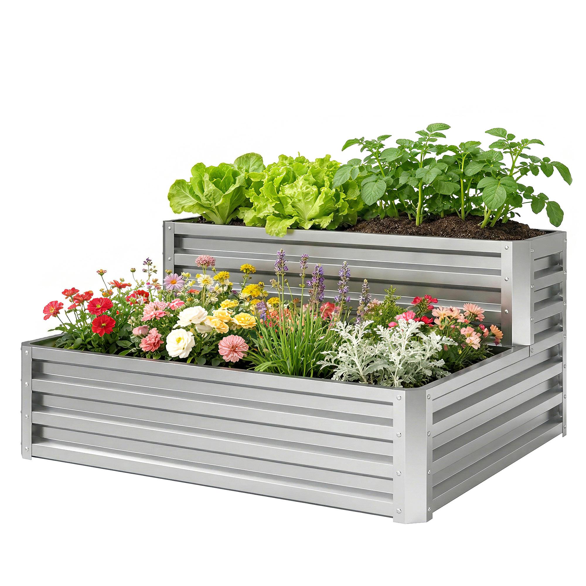 Silver Two Tier Planter, Galvanized Steel, 47.2 in