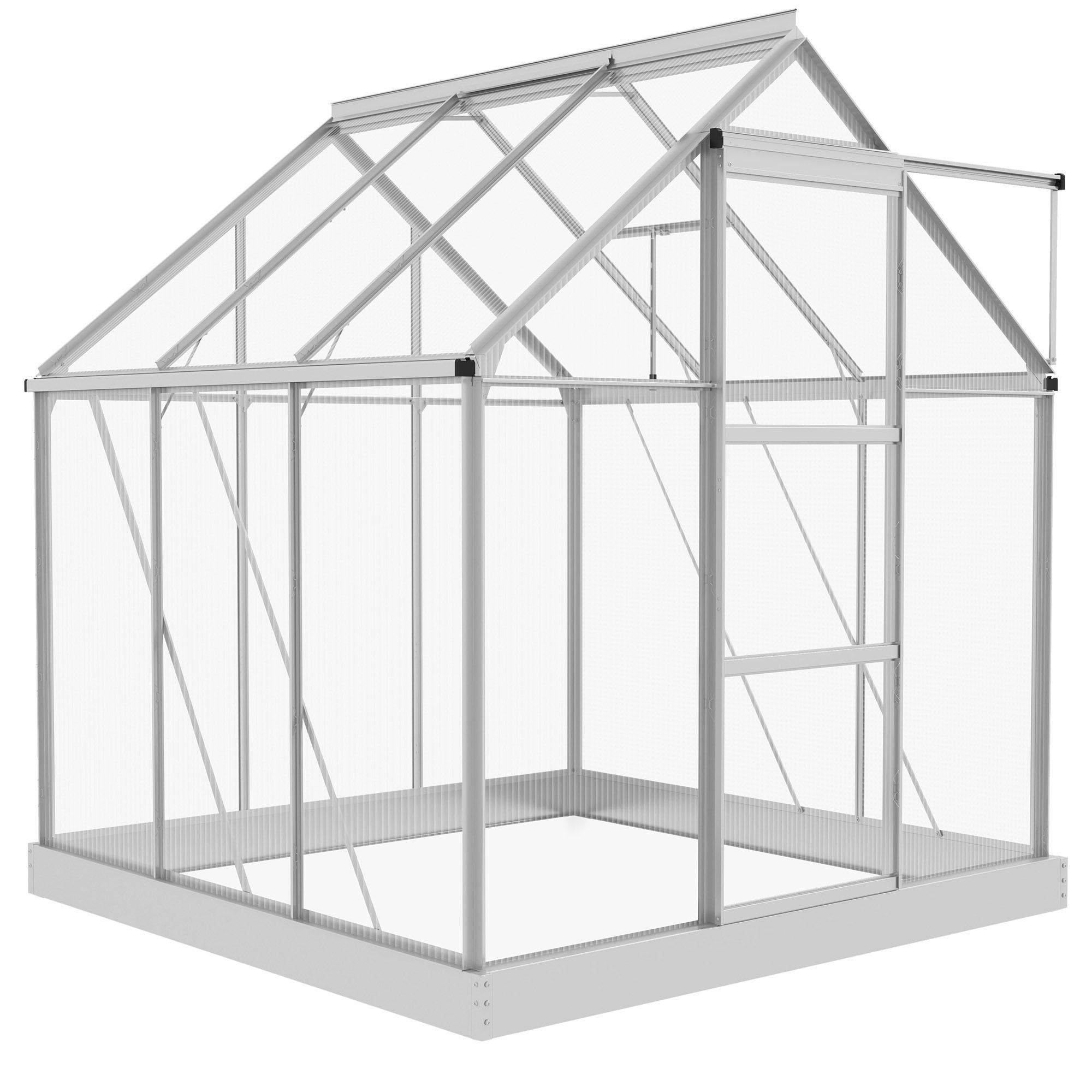 Silver 6 x 6 greenhouse with 4mm polycarbonate panels and sliding door