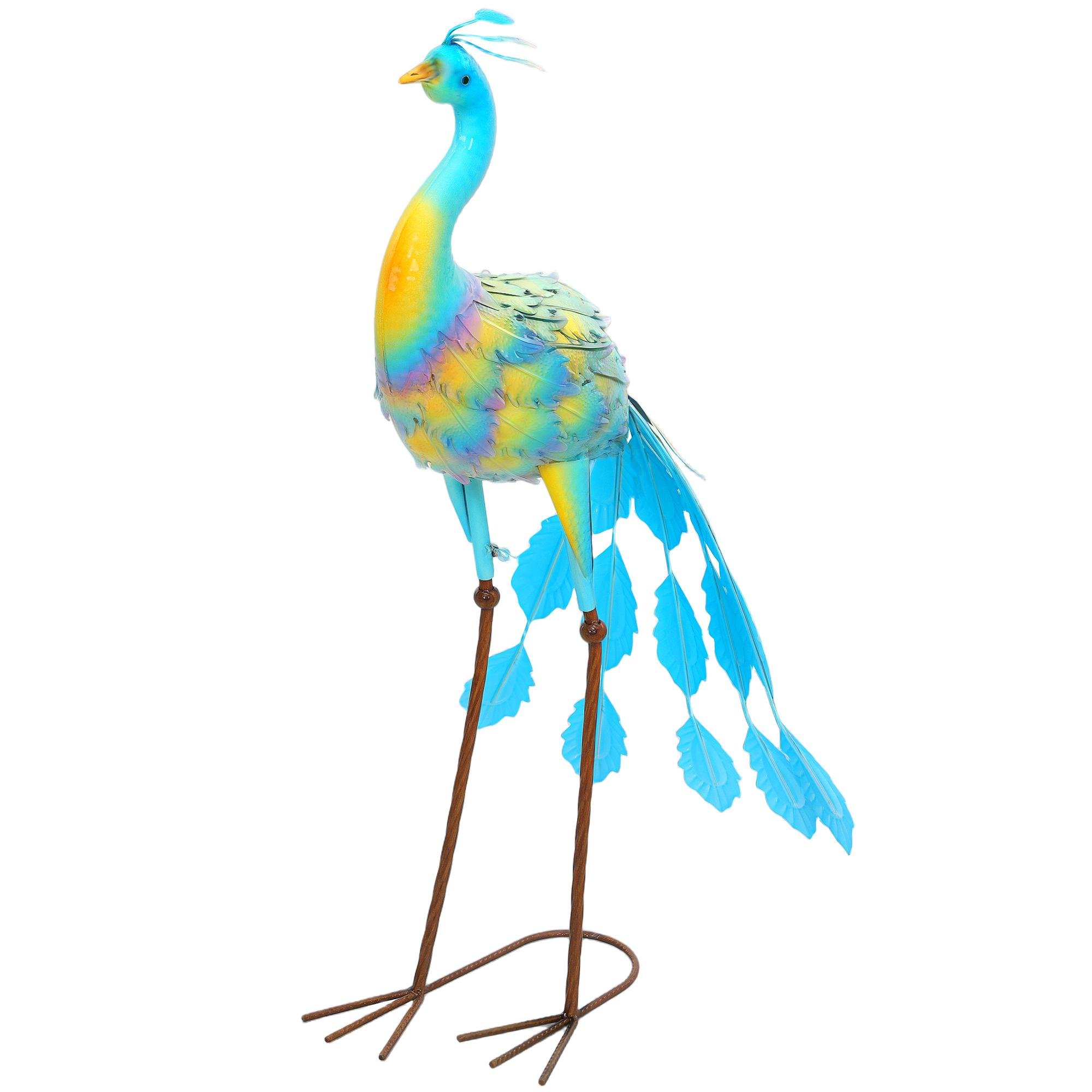 Sky Blue Steel Peacock Statue with Ground Stakes