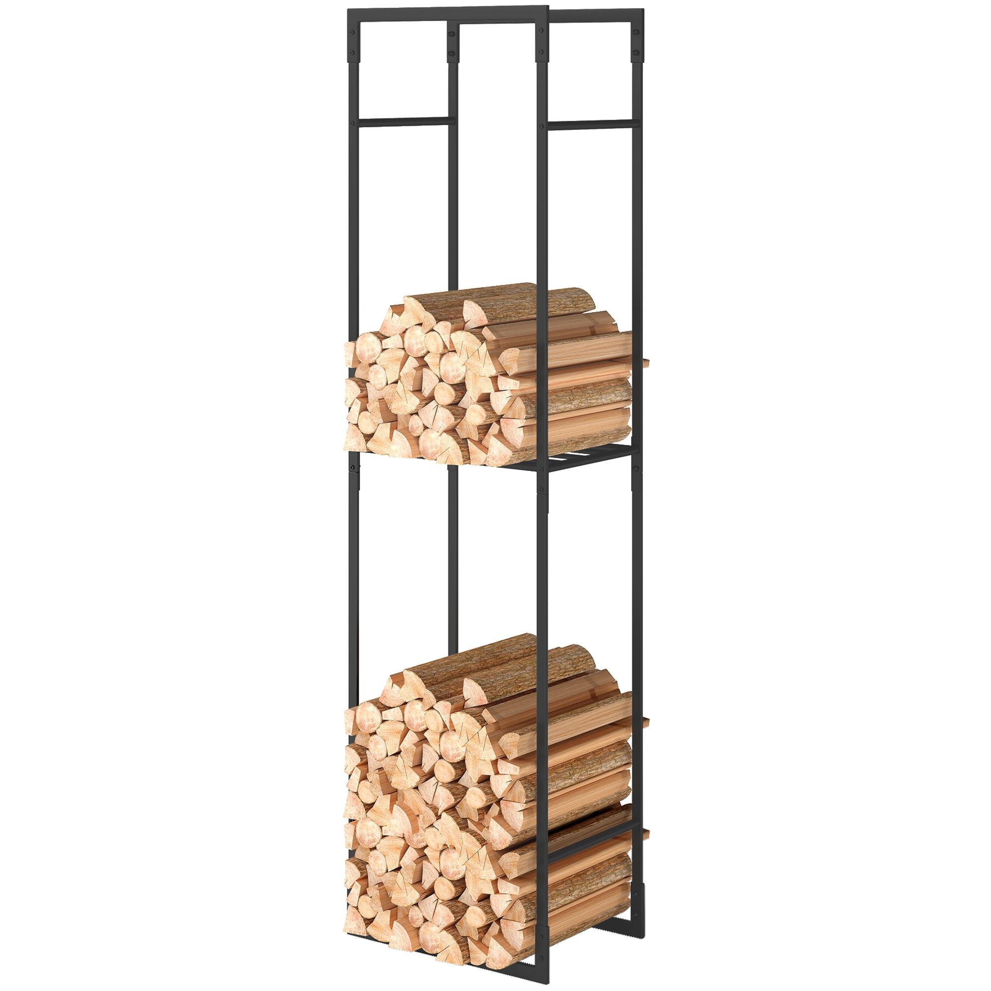 Tall Black Metal Firewood Rack with Adjustable Shelf