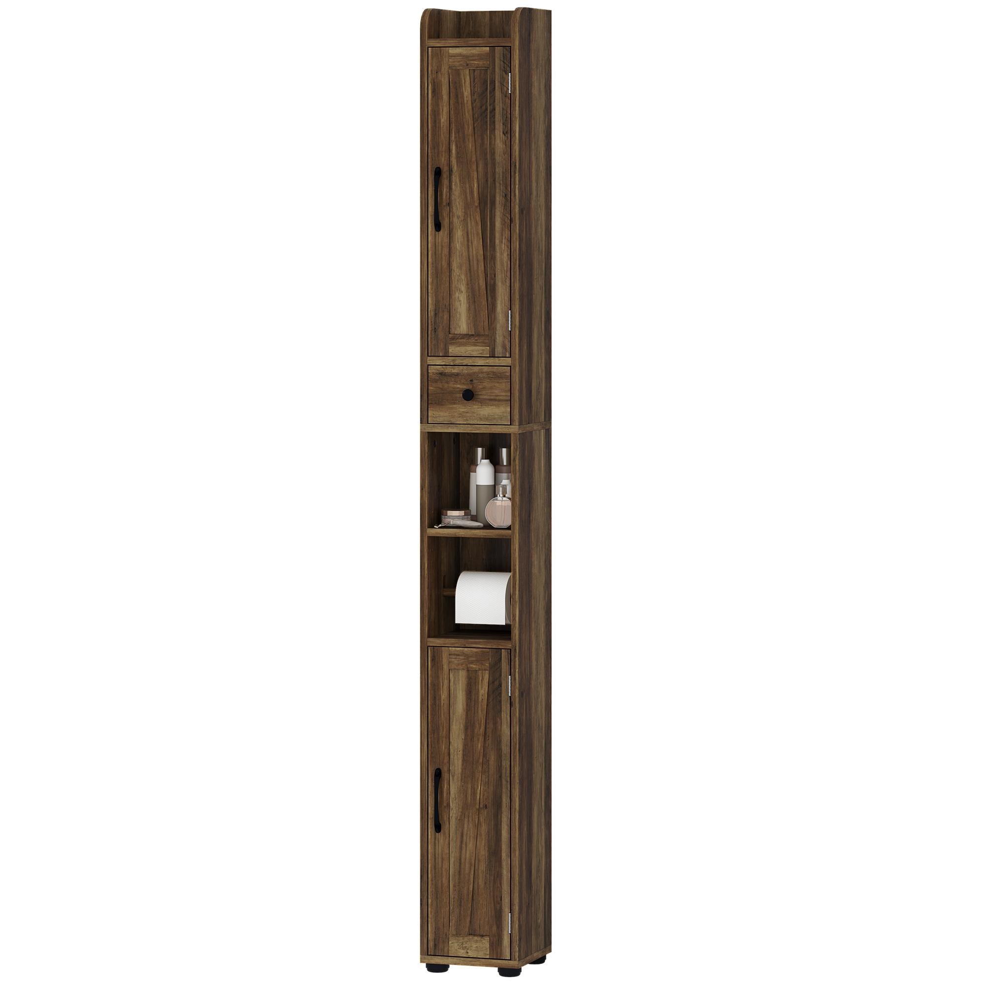 Brown Wood Grain Bathroom Tower with Barn Doors and Drawer