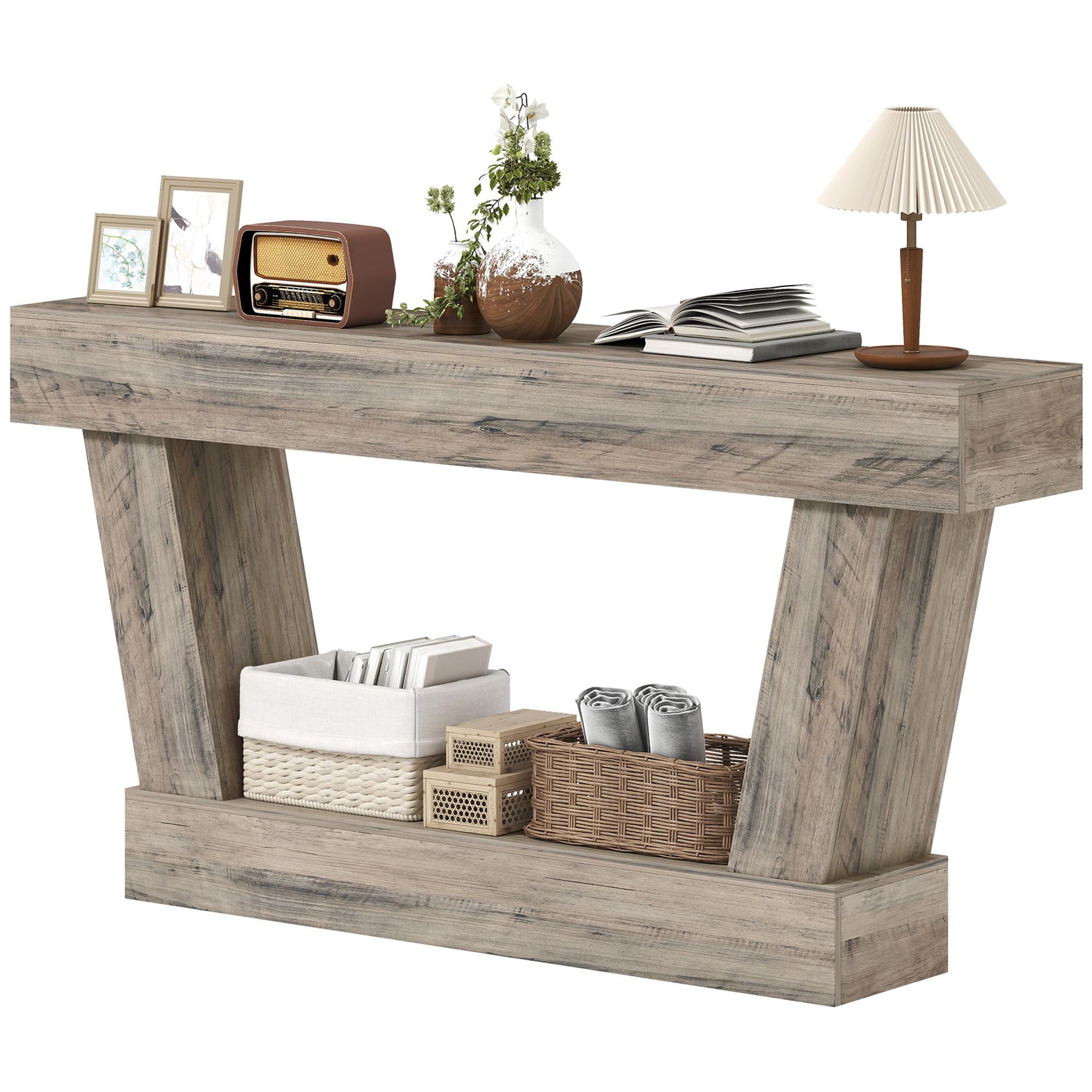 63 Inch Tan Console Table with Open Shelf