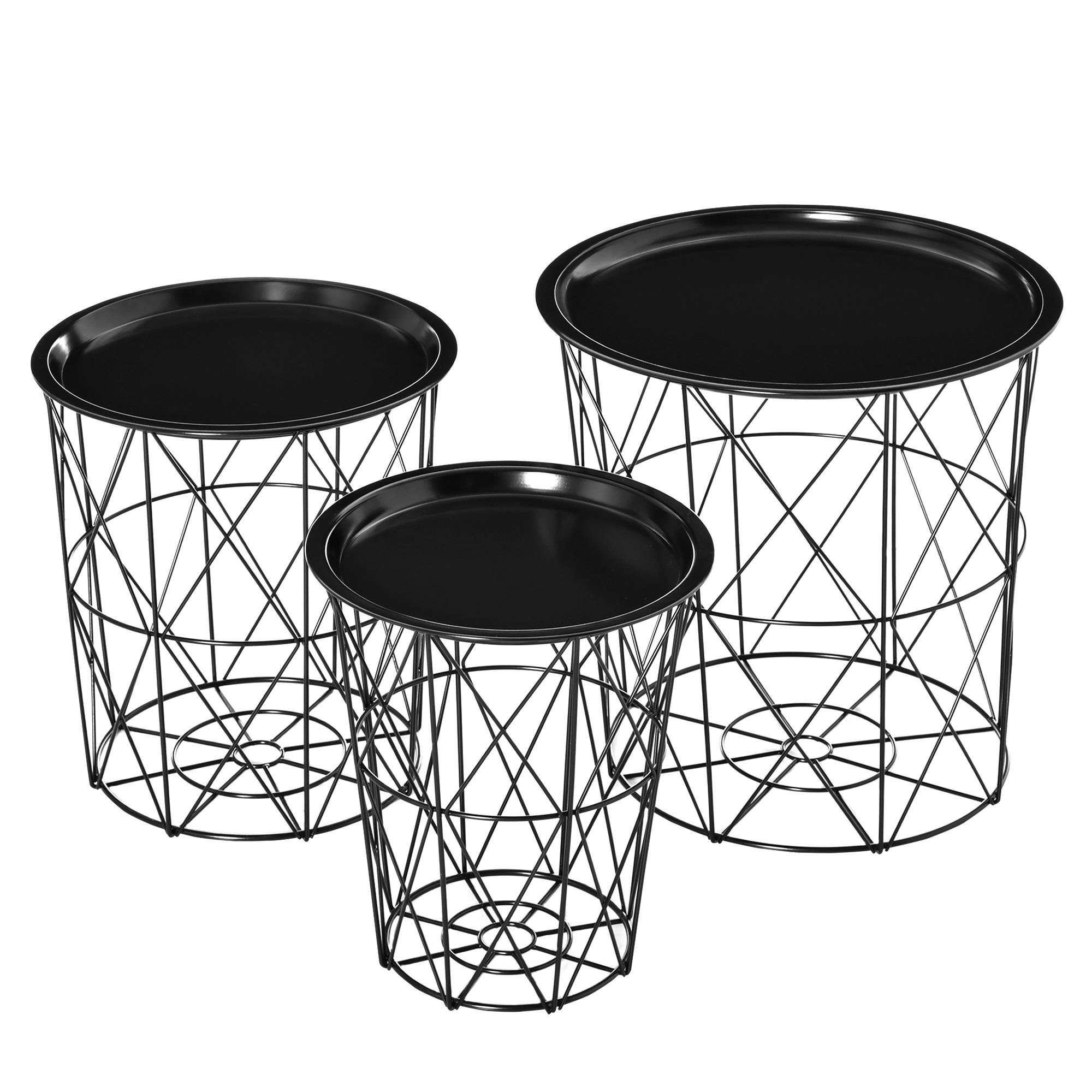 Black Round Nesting Tables with Storage, 3-Piece Set