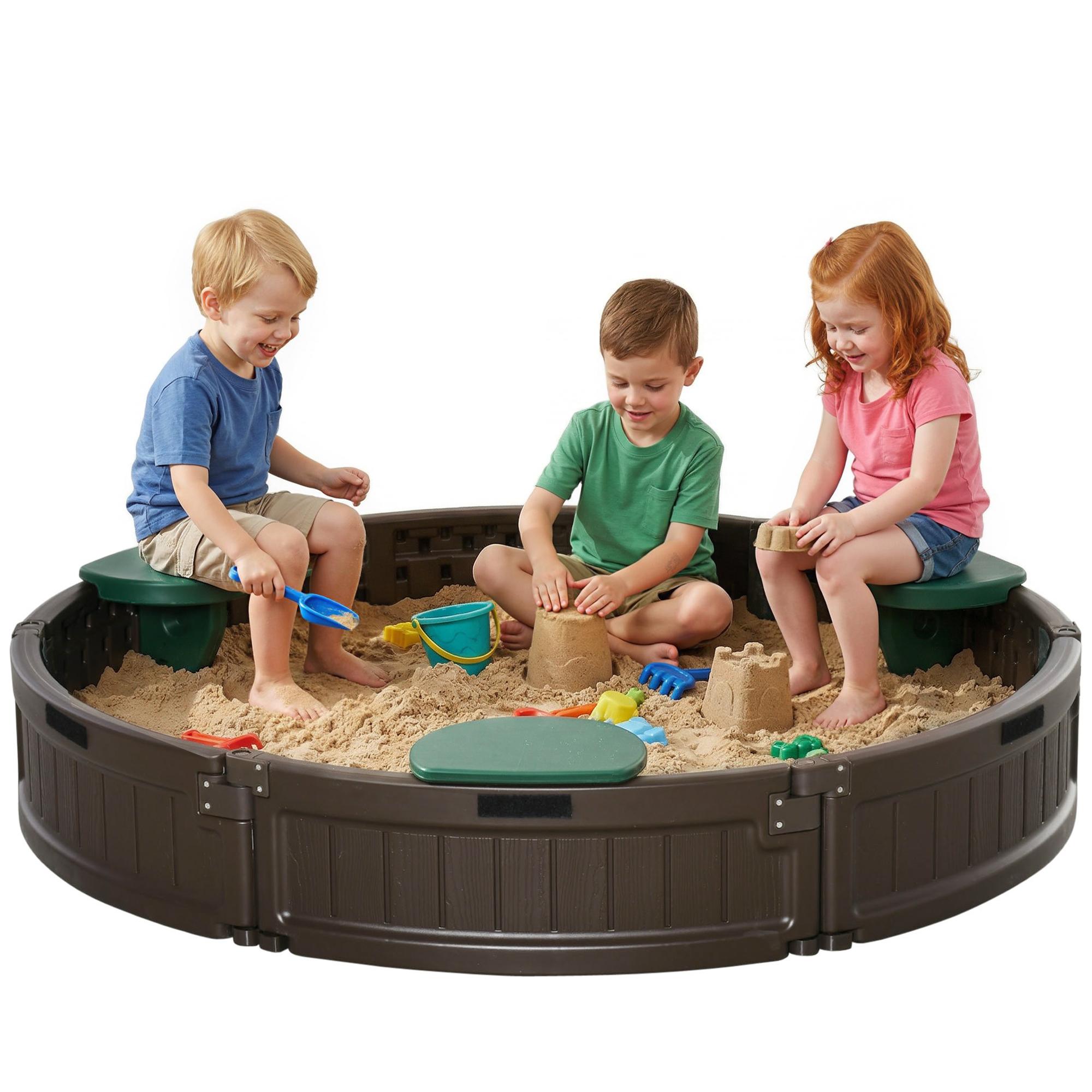 Brown HDPE Sandbox Cover with Seats, 48.4-Inch Backyard Play