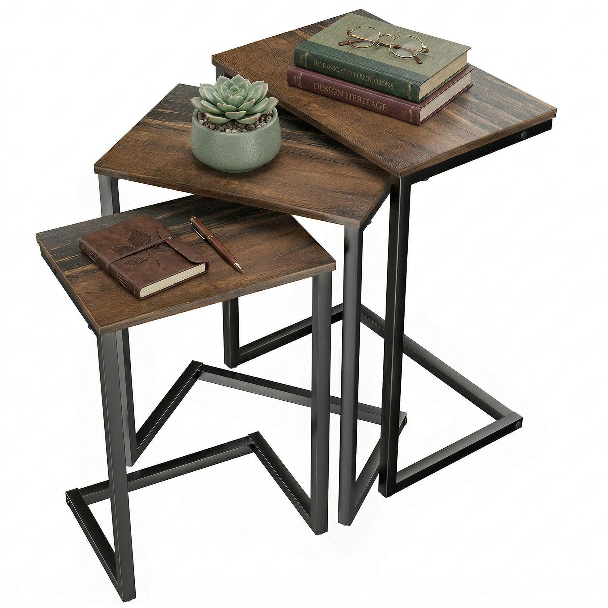 Rustic Brown Side Tables, C-Shape Set of 3