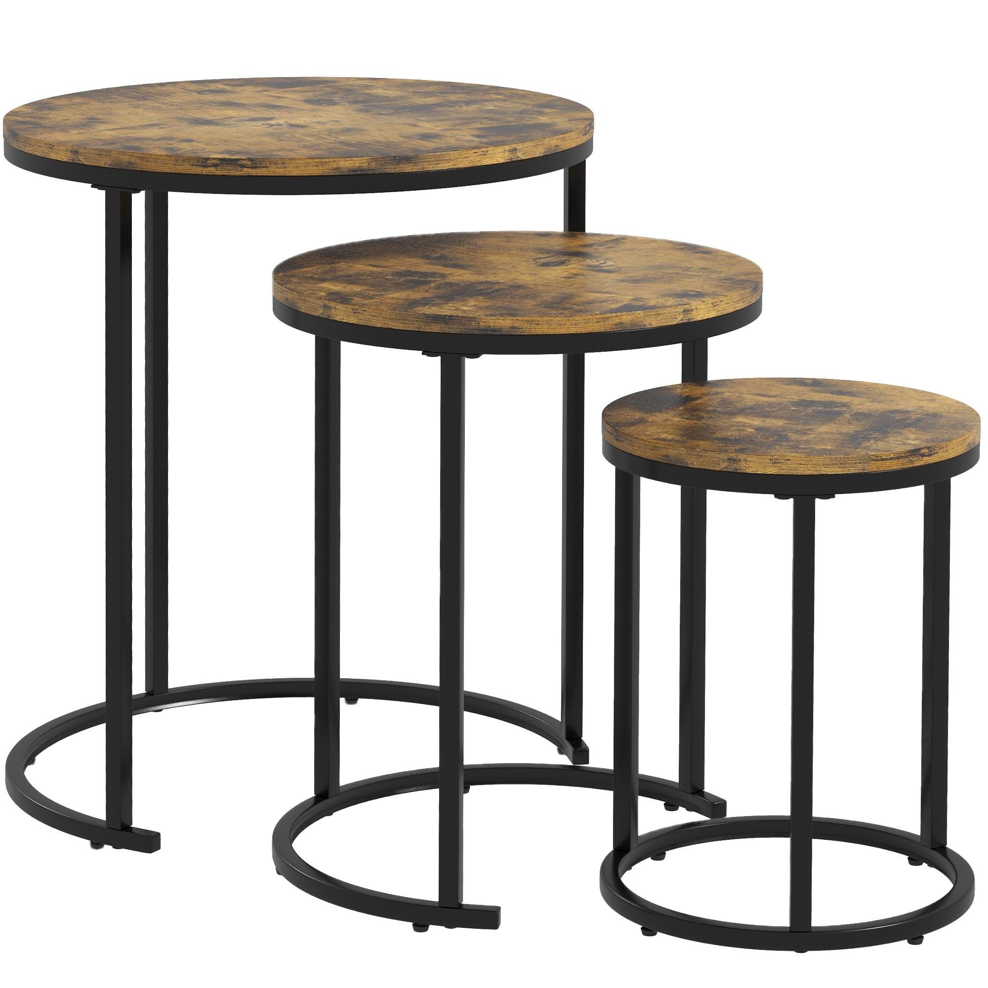 Round Wood Grain Side Tables, Set of 3 with Black Frames