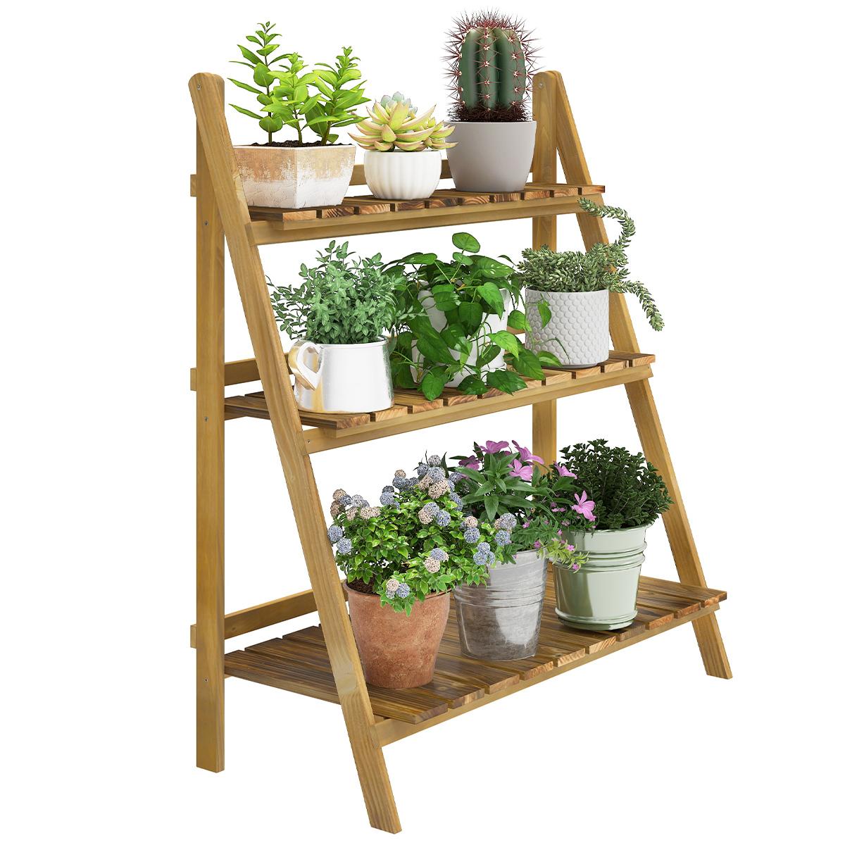 Foldable Fir Wood Plant Stand, 3-Tier Display