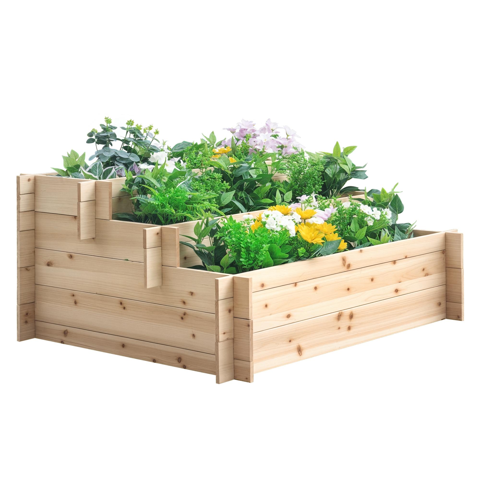 Natural Wood Stair Step Planter, 3-Tier Garden Bed