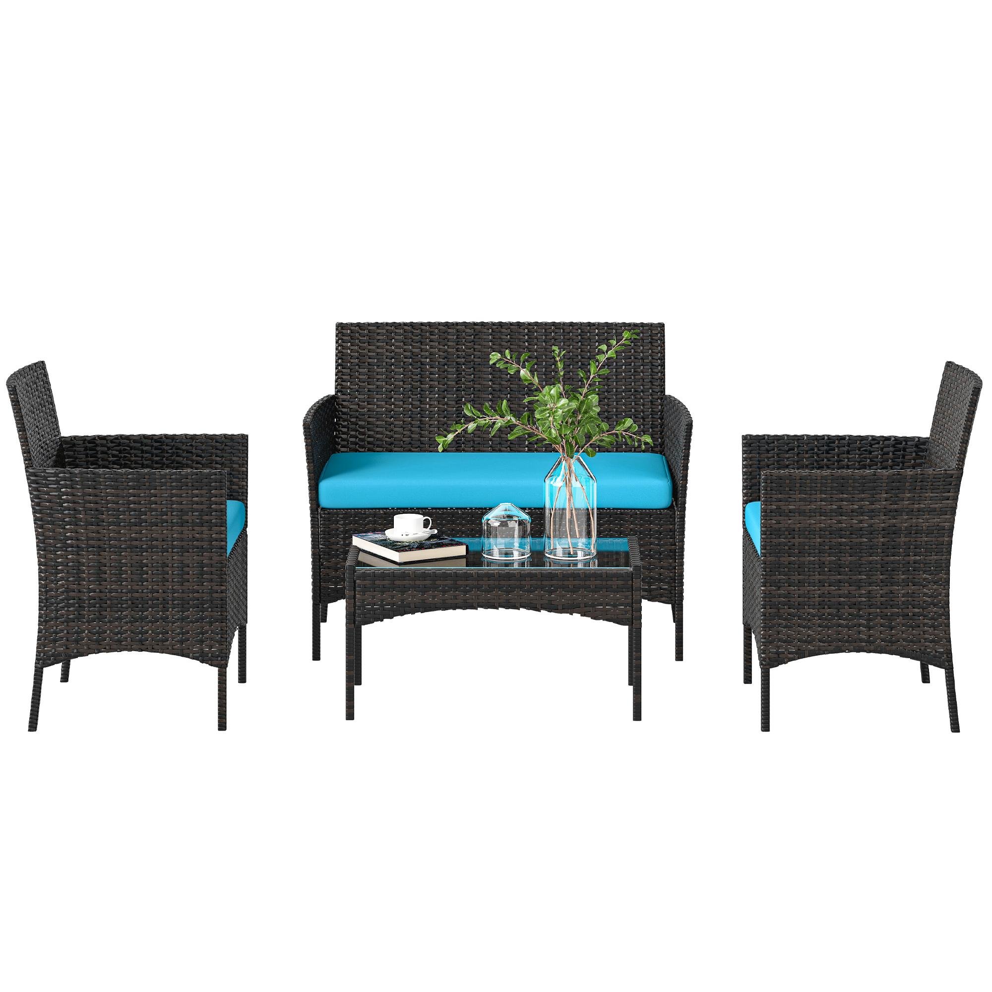 Turquoise PE Rattan Set with Loveseat and Glass Table
