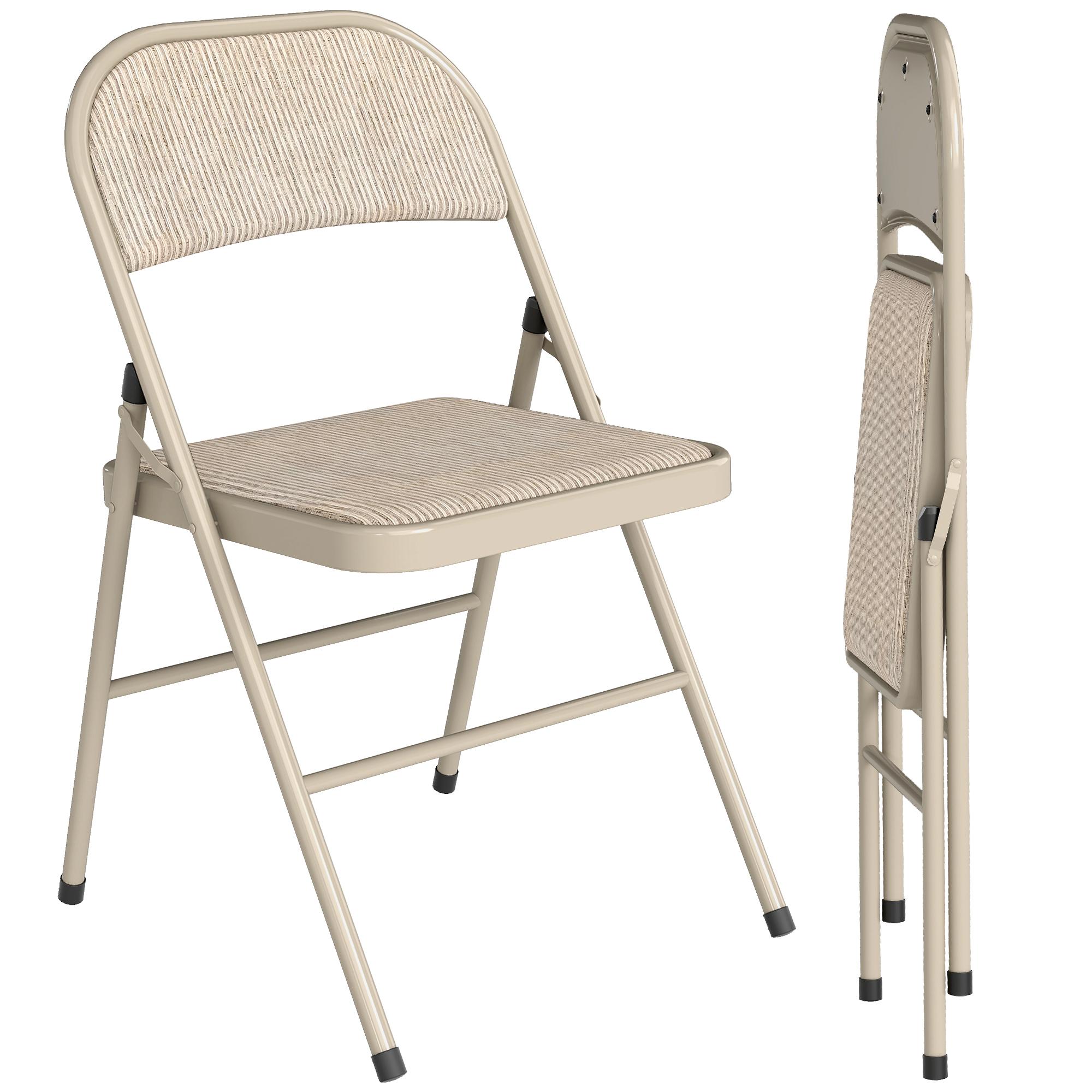 Beige Faux Linen Folding Chairs, Set of 2, Padded Indoor Seating